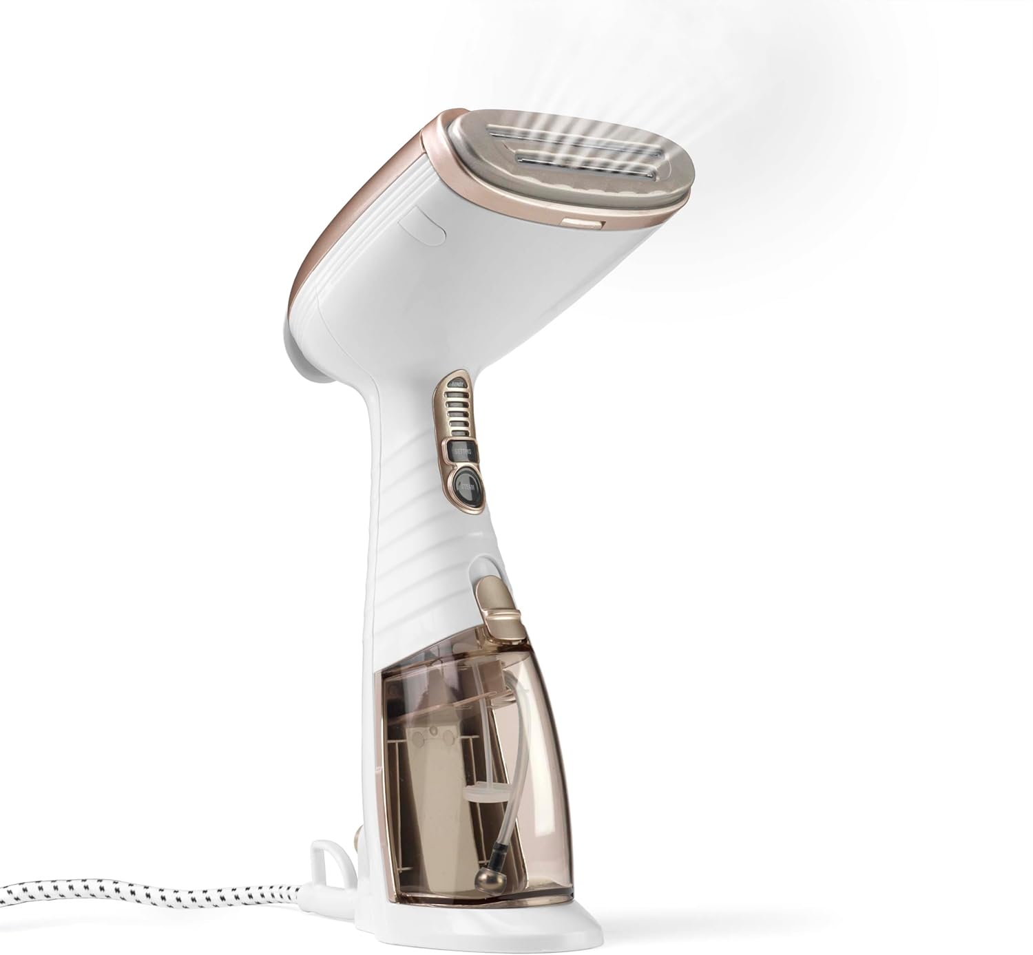 Conair Turbo ExtremeSteam Dampfgarer mit 5 Einstellungen | Dampfleistung 25 g/min | Schnelle Aufheizzeit | 3 Aufsätze für feine und schwere Stoffe + Falten | Weiß/Beige – Bild 4
