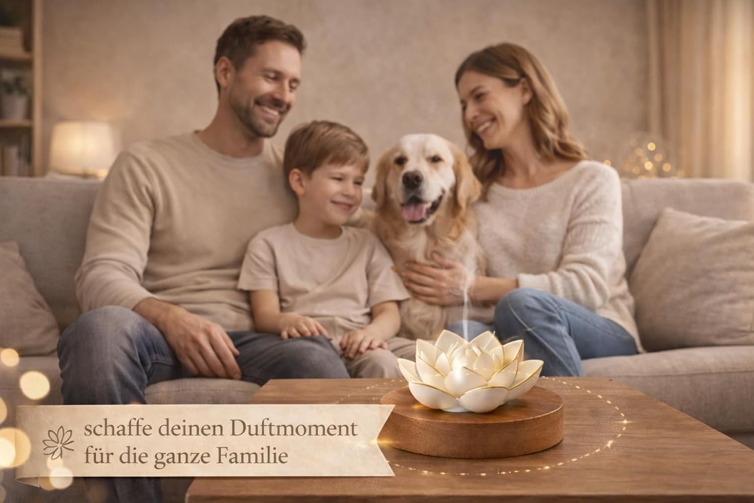 Lotus-Aroma-Diffusor – handgefertigter Gips-Duftstein/Aromastein mit Holzsockel | Natürliche Aromatherapie ohne Strom | Enthält 10 ml Amber Allure Duftöl – Bild 4