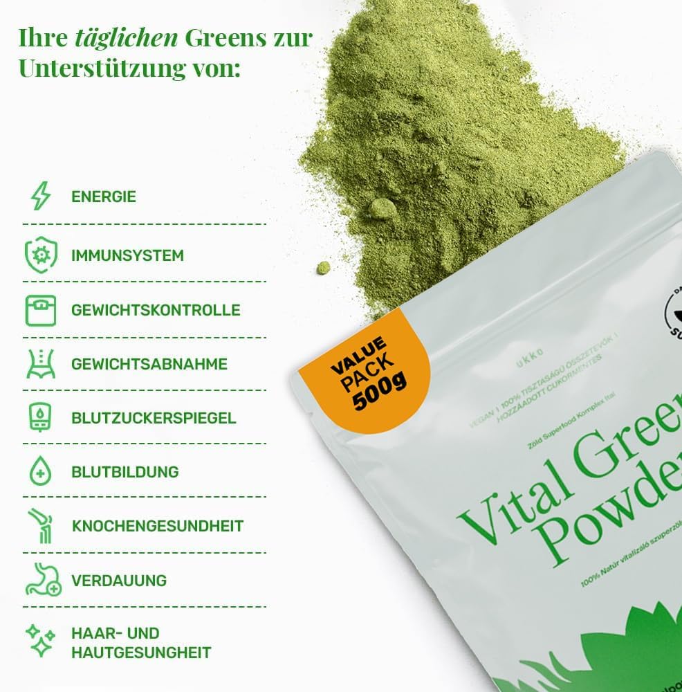 UKKO Vital Greens 500 g Superfood-Pulver mit Spirulina, Matcha und Weizengras, unterstützt Immunsystem, Energie und Verdauung, 100 % natürlich, vegan, deutsche Qualitätskontrolle – Bild 2