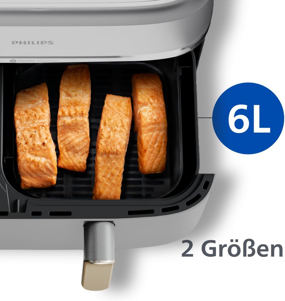 Philips Airfryer 3000 Series Dual Basket, Heißluftfritteuse mit 2 Körben, 9 l Fassungsvermögen (6 l + 3 l), RapidAir Plus-Heißlufttechnologie, 90 % weniger Fett, Rezept-App, spülmaschinenfest, Weiß (NA353/10) – Bild 6