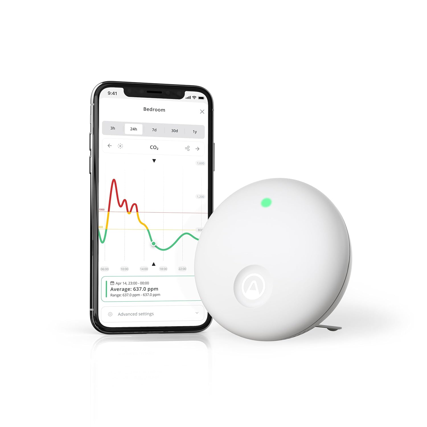 Airthings 321 Wave Enhance kompakter Raumluftqualitätsmonitor (CO2-, VOC-, Luftfeuchtigkeits-, Temperatur-, Druck- und Umgebungsgeräusch- und Lichtsensoren) für Schlafzimmer und Arbeitszimmer
