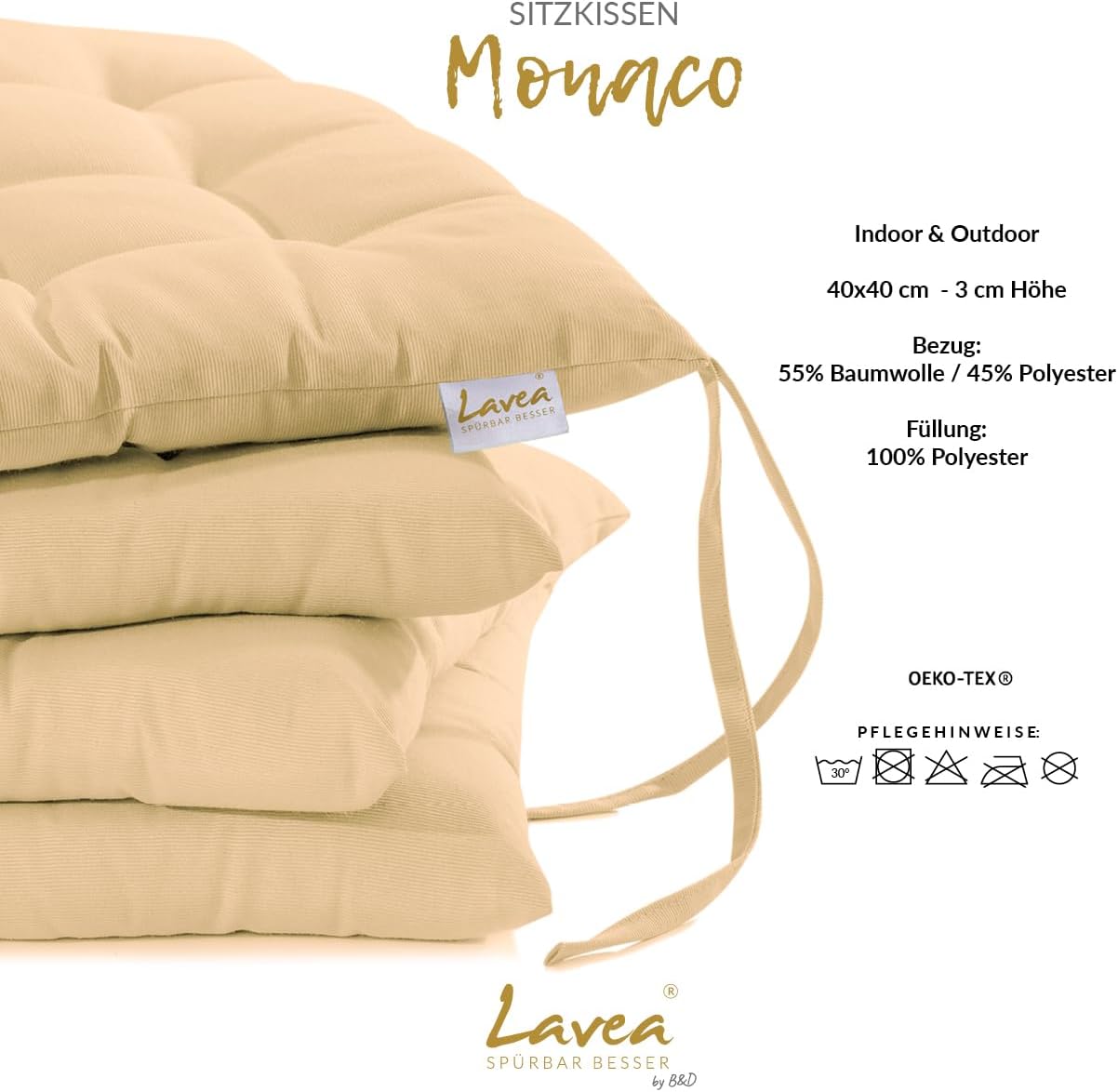 Lavea Sitzkissen & Stuhlkissen 40 x 40 cm – 4er-Set – mit Stoffbändern – Buiten & Indoor – waschbar & wetterfest – für Gartenstuhl, Balkon, Terrasse & Esszimmer – Sand – Bild 3