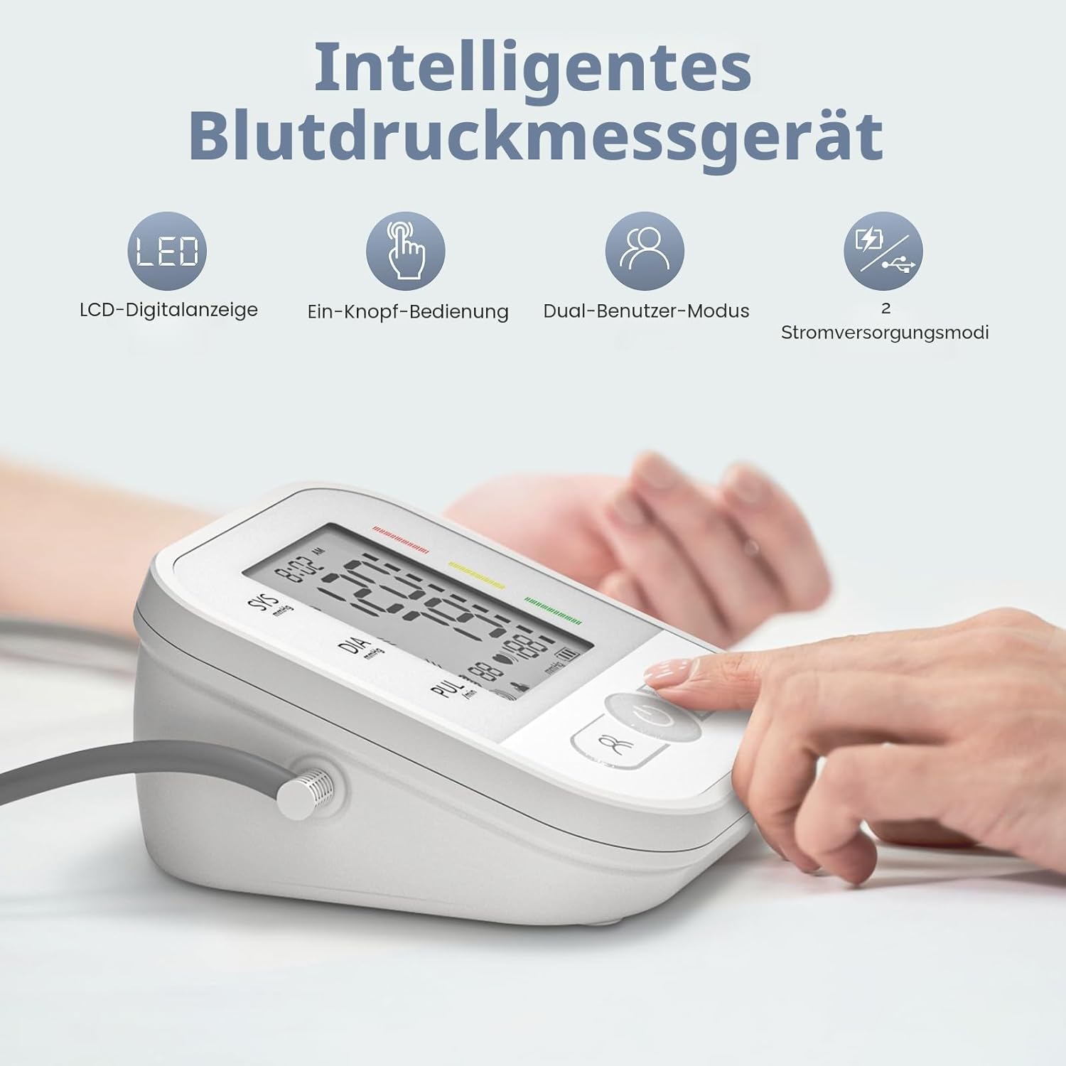 Oberarm-Blutdruckmessgerät mit LCD-Display und verstellbarer Manschette (22–42 cm), automatisches Blutdruckmessgerät mit One-Touch-Bedienung – Bild 2