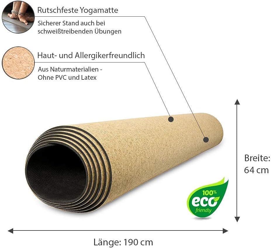 XXL rutschfeste Yogamatte, Kork und Naturkautschuk, 190 cm, extra lang, Tragegurt, nachhaltige Yogamatte, große Überlänge – Bild 5