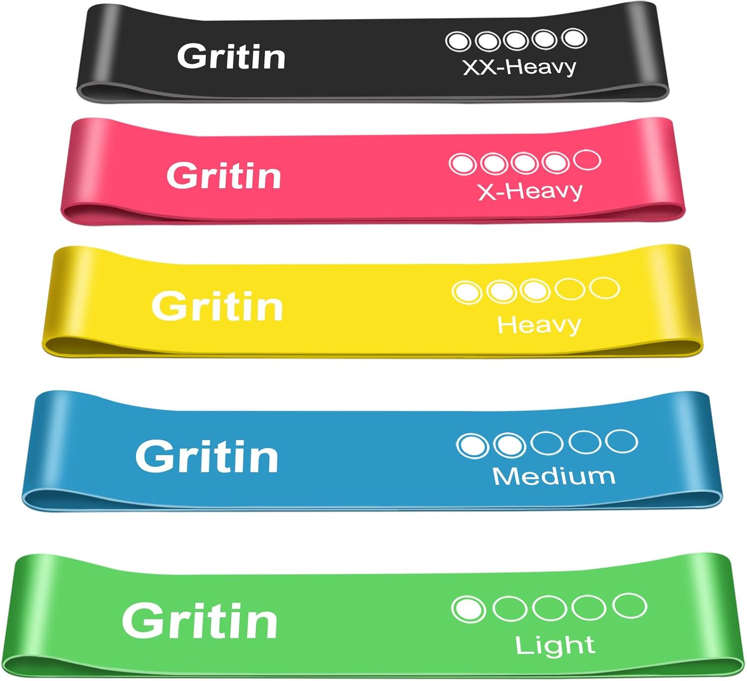 Gritin Fitnessbänder (5er Set) Widerstandsbänder mit 5 Stufen, 100% Latex Fitnessband Widerstand mit deutscher Übungsanleitung und Tragetasche, Gymnastikband für Muskelaufbau, Yoga