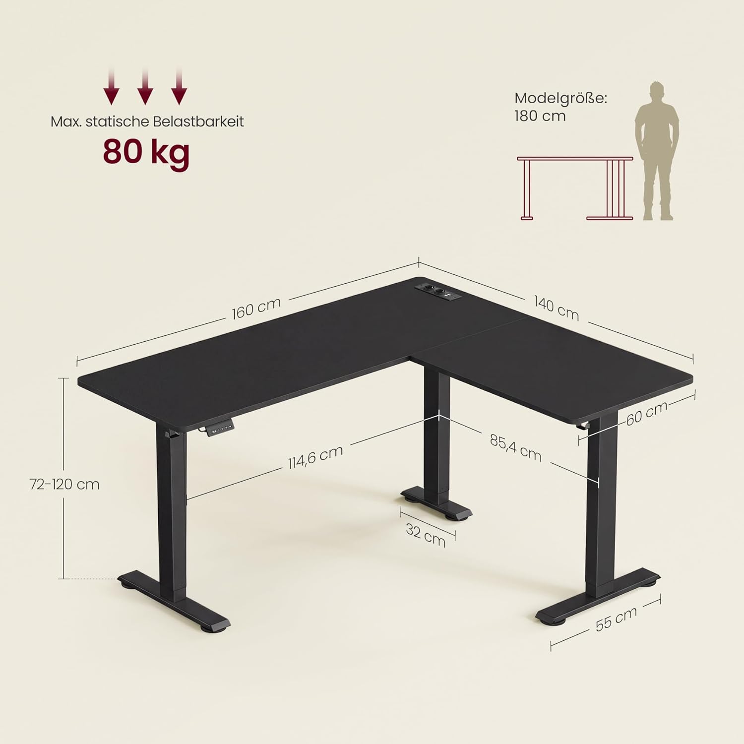 VASAGLE Höhenverstellbarer Schreibtisch, 160 x 140 cm, L-förmiger Eckschreibtisch, Stehpult, 2 AC-Steckdosen, 2 USB-A-Anschlüsse, Steckdosenleistenablage für das Büro, Tintenschwarz LSD264BZ01 – Bild 3