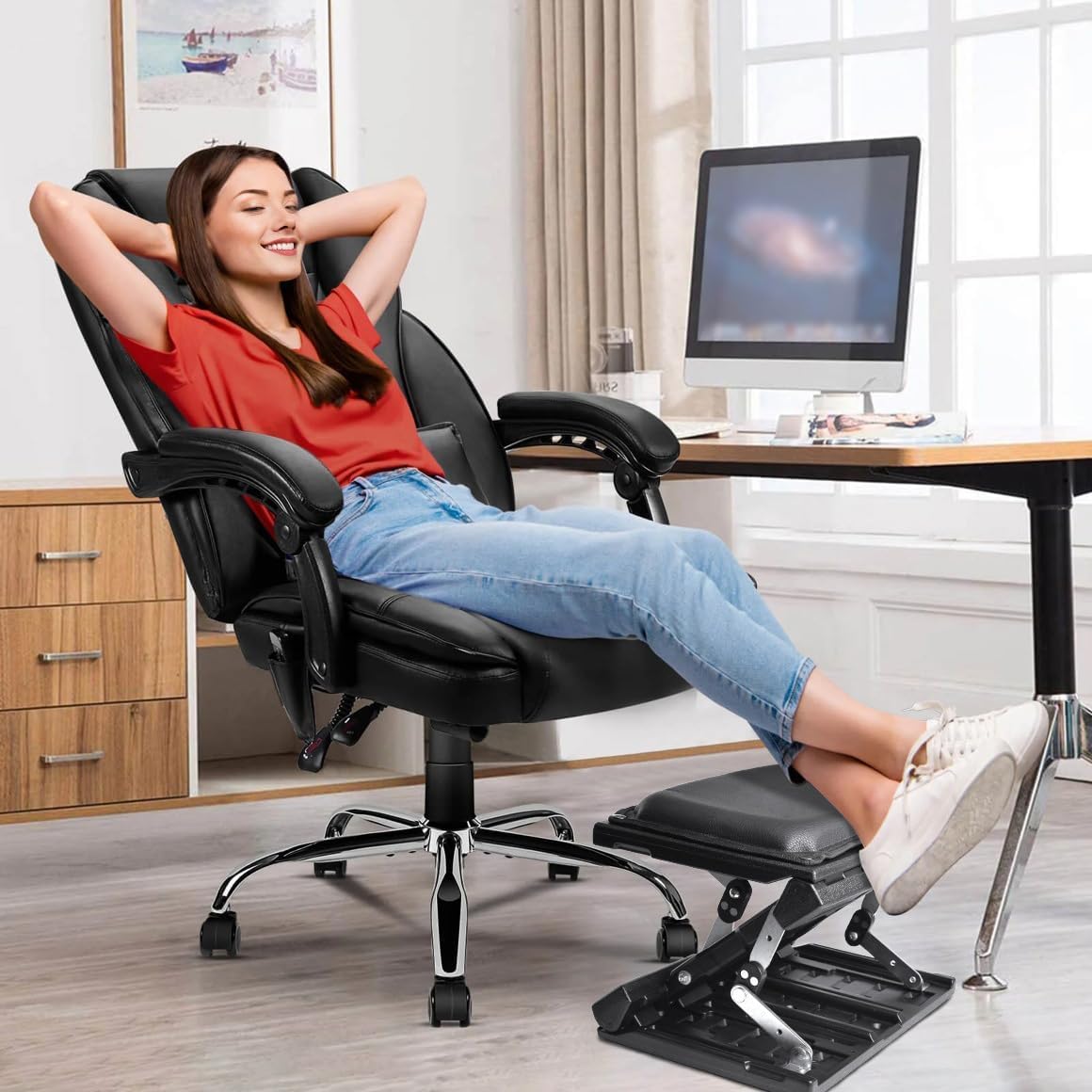 Große Panel-Fußstütze, Schreibtisch, stufenlos verstellbare Fußstütze, Fußhocker mit Massage, ergonomischer Höhenwinkel, verstellbar, für Büro und Zuhause (schwarz) – Bild 2