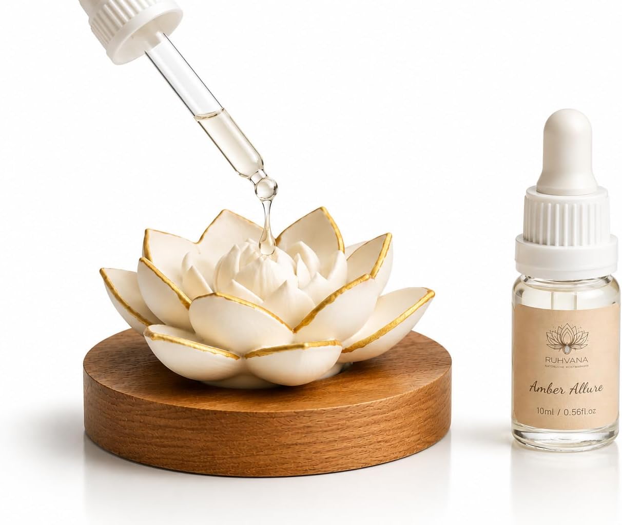 Lotus-Aroma-Diffusor – handgefertigter Gips-Duftstein/Aromastein mit Holzsockel | Natürliche Aromatherapie ohne Strom | Enthält 10 ml Amber Allure Duftöl