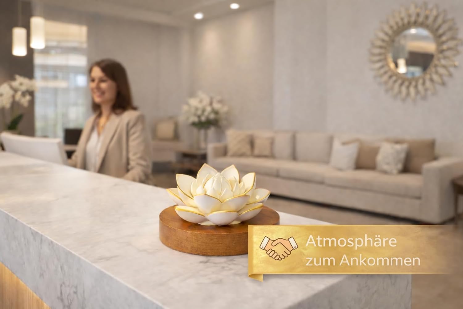 Lotus-Aroma-Diffusor – handgefertigter Gips-Duftstein/Aromastein mit Holzsockel | Natürliche Aromatherapie ohne Strom | Enthält 10 ml Amber Allure Duftöl – Bild 6