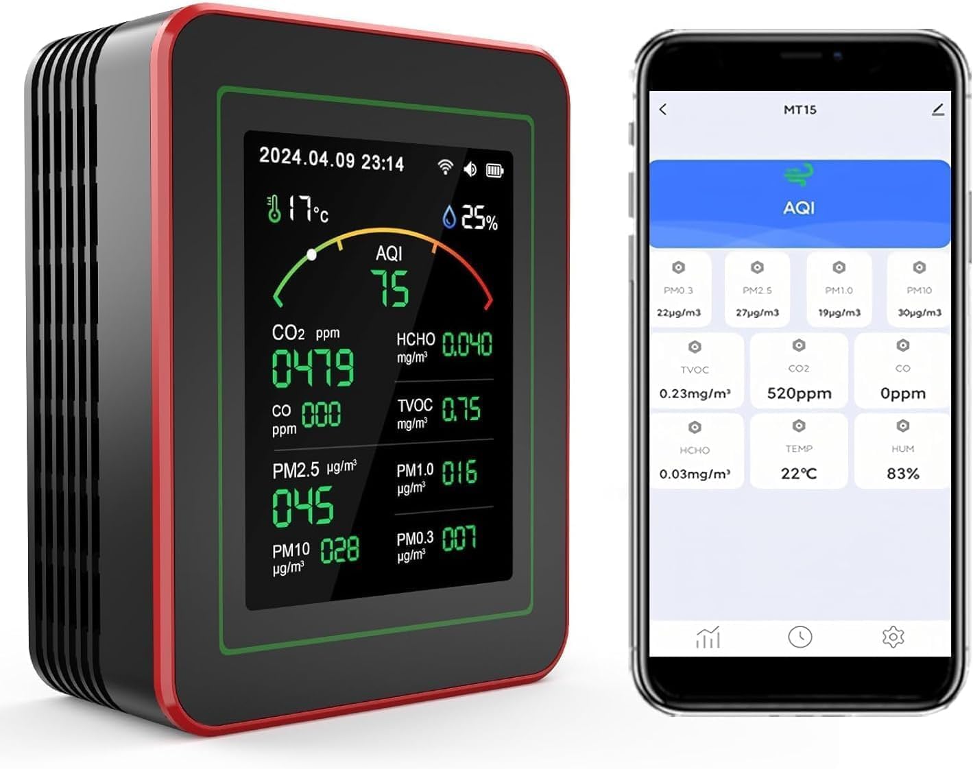 Professionelles 15-in-1-Luftqualitätsmessgerät mit App – CO₂-Messgerät/CO₂-Sensor, PM2,5/PM10-Feinstaubmessgerät, VOC-Messgerät, Luftqualitätsmonitor mit Dual-Chip und Echtzeit-AQI-Warnungen
