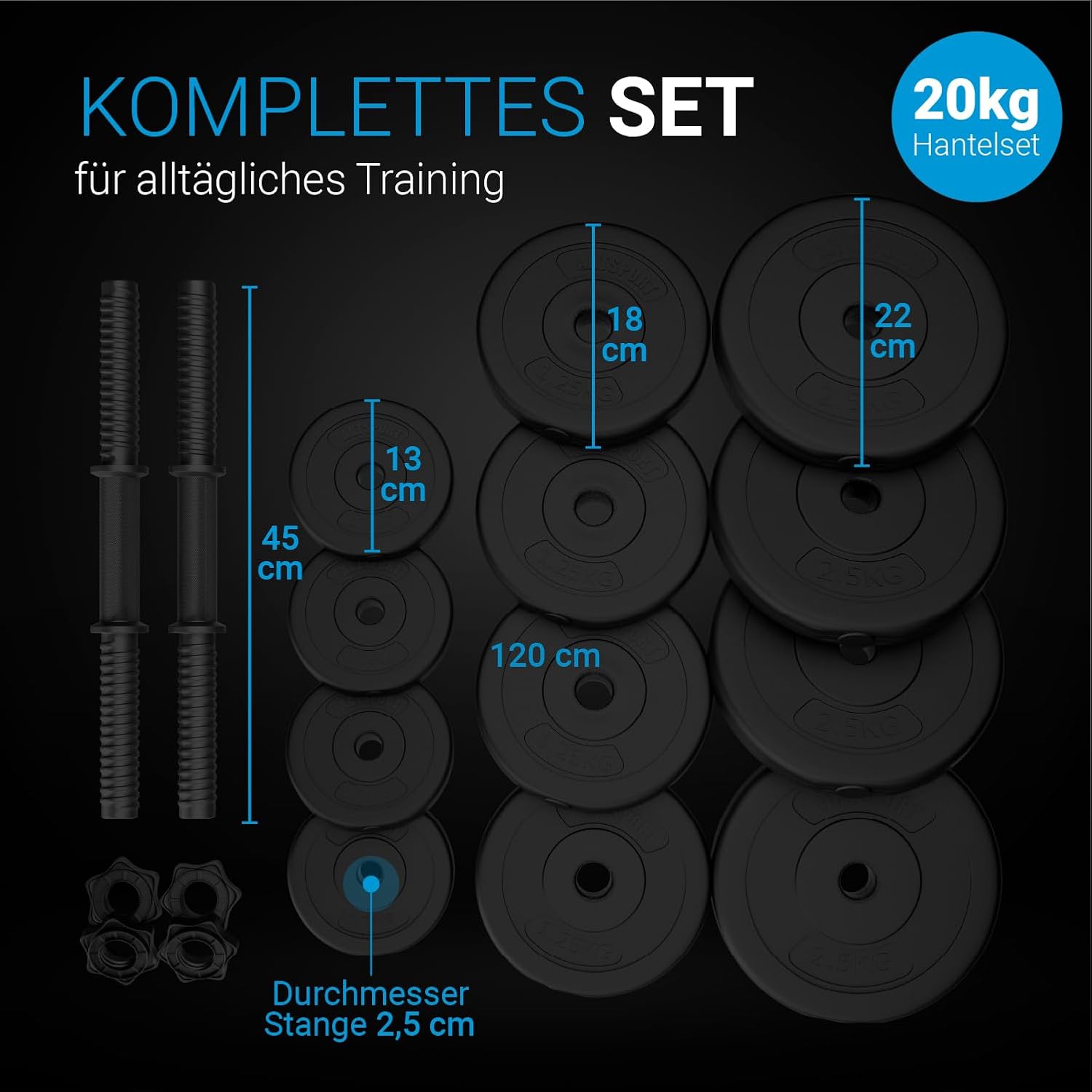 ArtSport 2er-Hantelset 20/30/40 kg – Hantelset mit 2 Hanteln, Gewichten und 4 Spinlock-Kragen – Bild 5