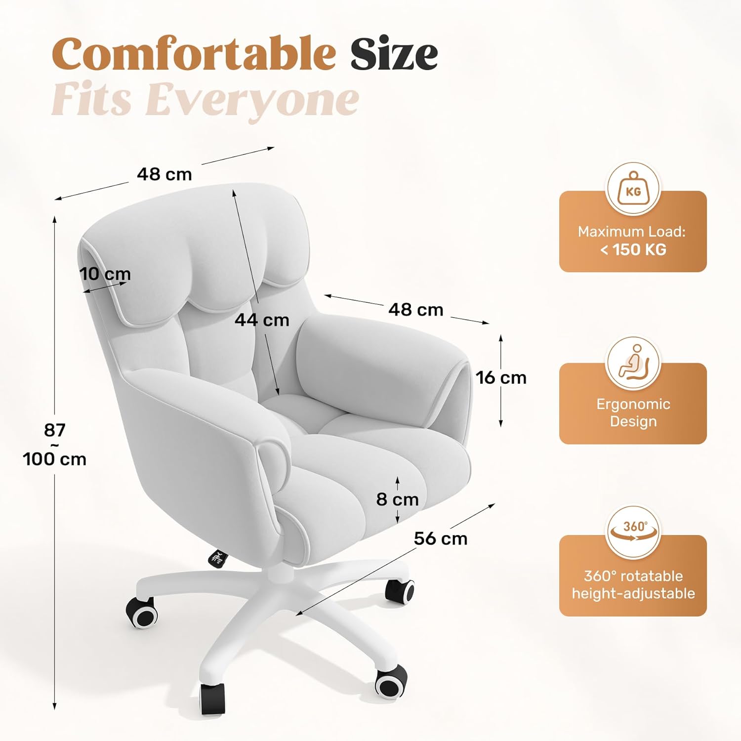 Ergonomischer Bürostuhl, höhenverstellbarer Schreibtischstuhl mit Armlehnen, 360° drehbar, Samtbezug, für Home Office und Büro, belastbar bis 150 kg, weiß – Bild 2
