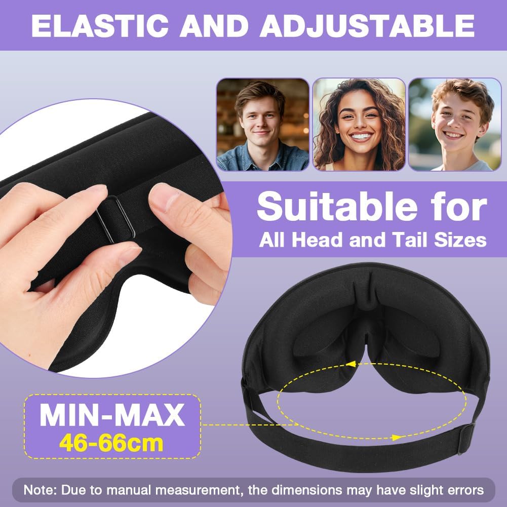 URAQT 3D-Schlafmaske für Seitenschläfer, 3D-Schlafmaske mit Augenhöhlen, Augenmaske zum Schlafen ohne Augendruck für Männer und Frauen mit verstellbarem Gummiband, 1 Paar Ohrstöpsel, Schwarz – Bild 2