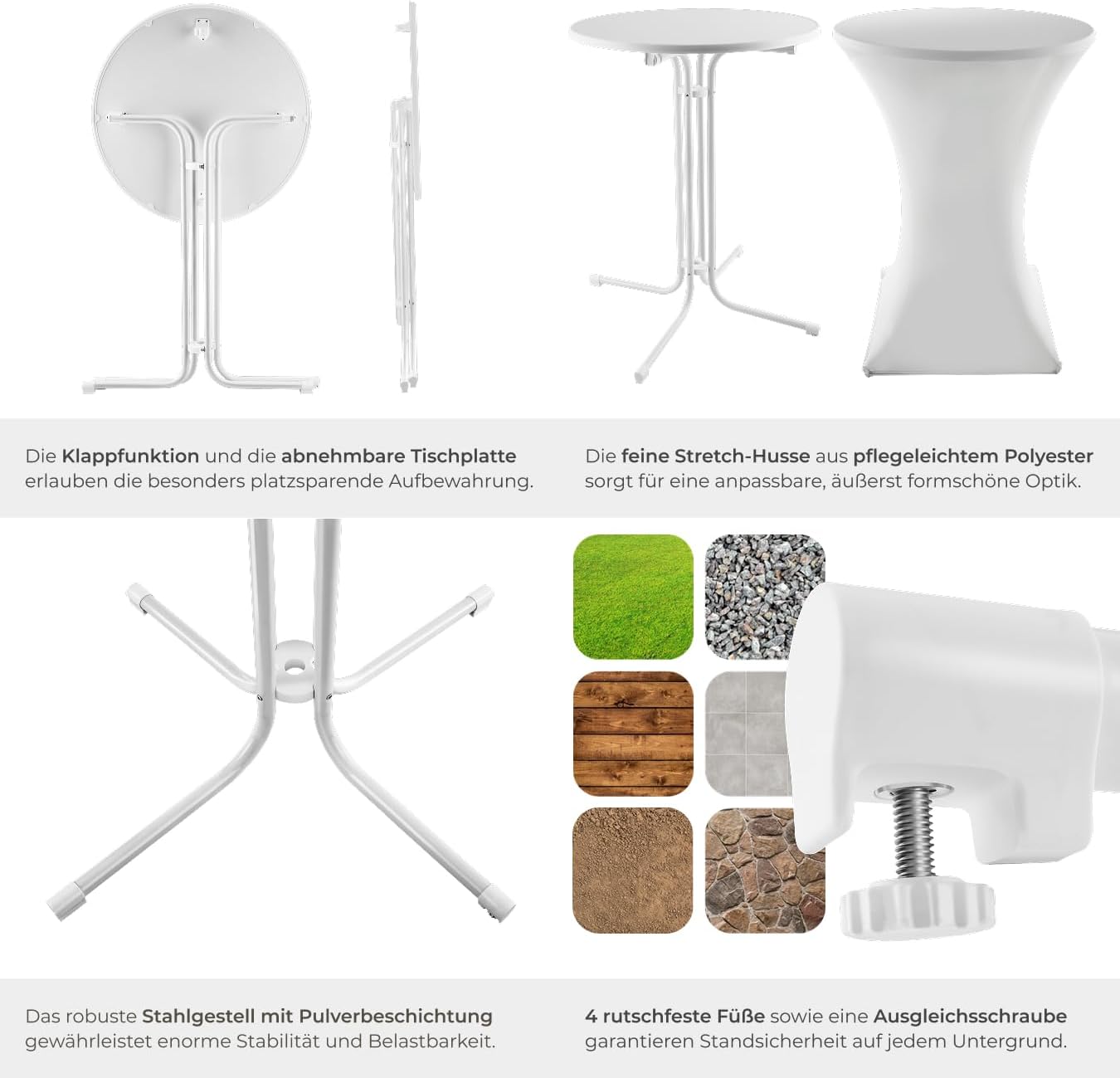 tectake Gastro-Bartisch, klappbarer Bistrotisch mit Abdeckung, Tischdurchmesser 80 cm, Bartisch mit MDF-Tischplatte, klappbarer Gartentisch, Klapptisch, rund, Stahlgestell, stabil und robust, weiß, 1 Bartisch – Bild 6