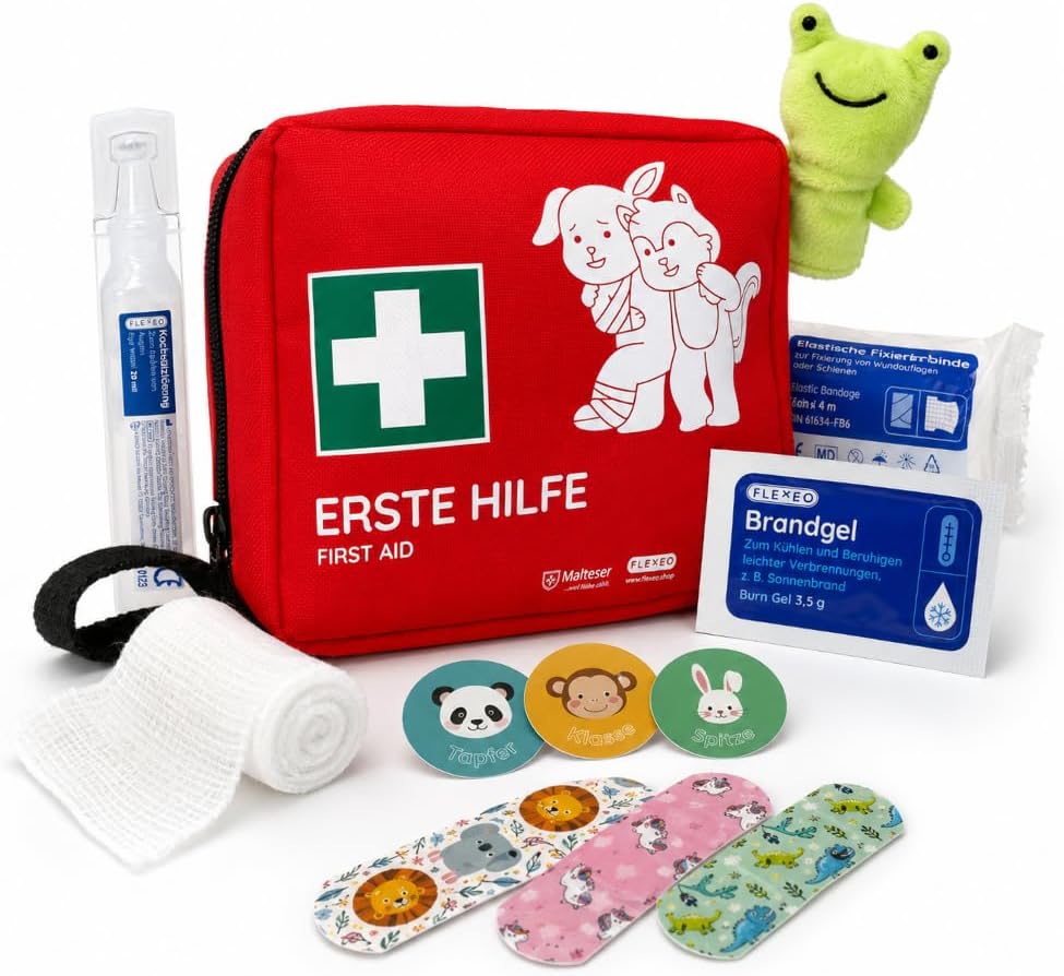 FLEXEO Erste-Hilfe-Set für Kinder, 76-teiliges Reiseapotheke inkl. Markengel, Zeckenzange, Motivpflaster, Fingerpuppe & Tapferkeitsaufkleber, Erste-Hilfe-Tasche Baby, Kleinkind, Unterwegs & Zuhause
