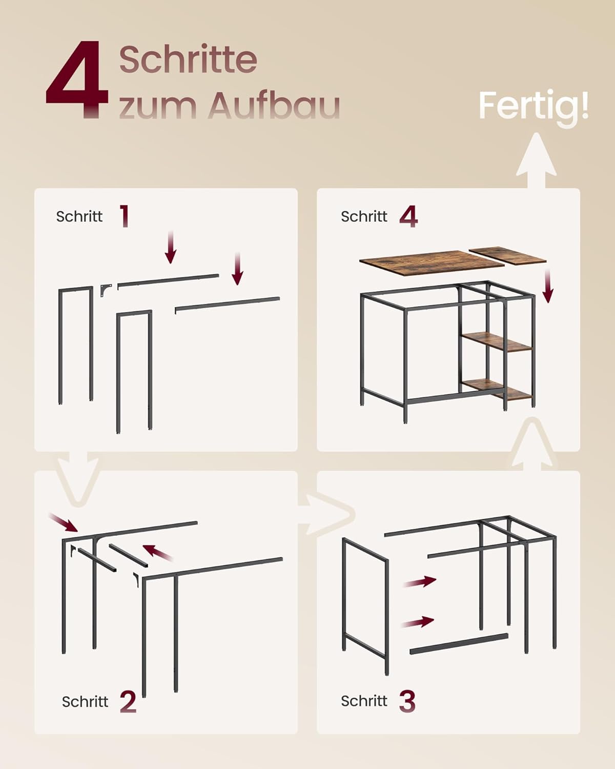 VASAGLE LWD046B01 Schreibtisch, Computertisch, PC-Schreibtisch, Bürotisch mit 2 Ablagen auf der rechten oder linken Seite, für Büro, Wohnzimmer, Stahlgestell, Industriedesign, Vintage-Braun/Schwarz – Bild 7