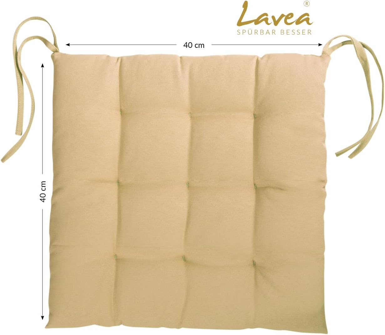 Lavea Sitzkissen & Stuhlkissen 40 x 40 cm – 4er-Set – mit Stoffbändern – Buiten & Indoor – waschbar & wetterfest – für Gartenstuhl, Balkon, Terrasse & Esszimmer – Sand – Bild 4