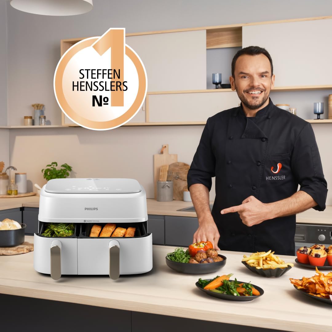 Philips Airfryer 3000 Series Dual Basket, Heißluftfritteuse mit 2 Körben, 9 l Fassungsvermögen (6 l + 3 l), RapidAir Plus-Heißlufttechnologie, 90 % weniger Fett, Rezept-App, spülmaschinenfest, Weiß (NA353/10) – Bild 3