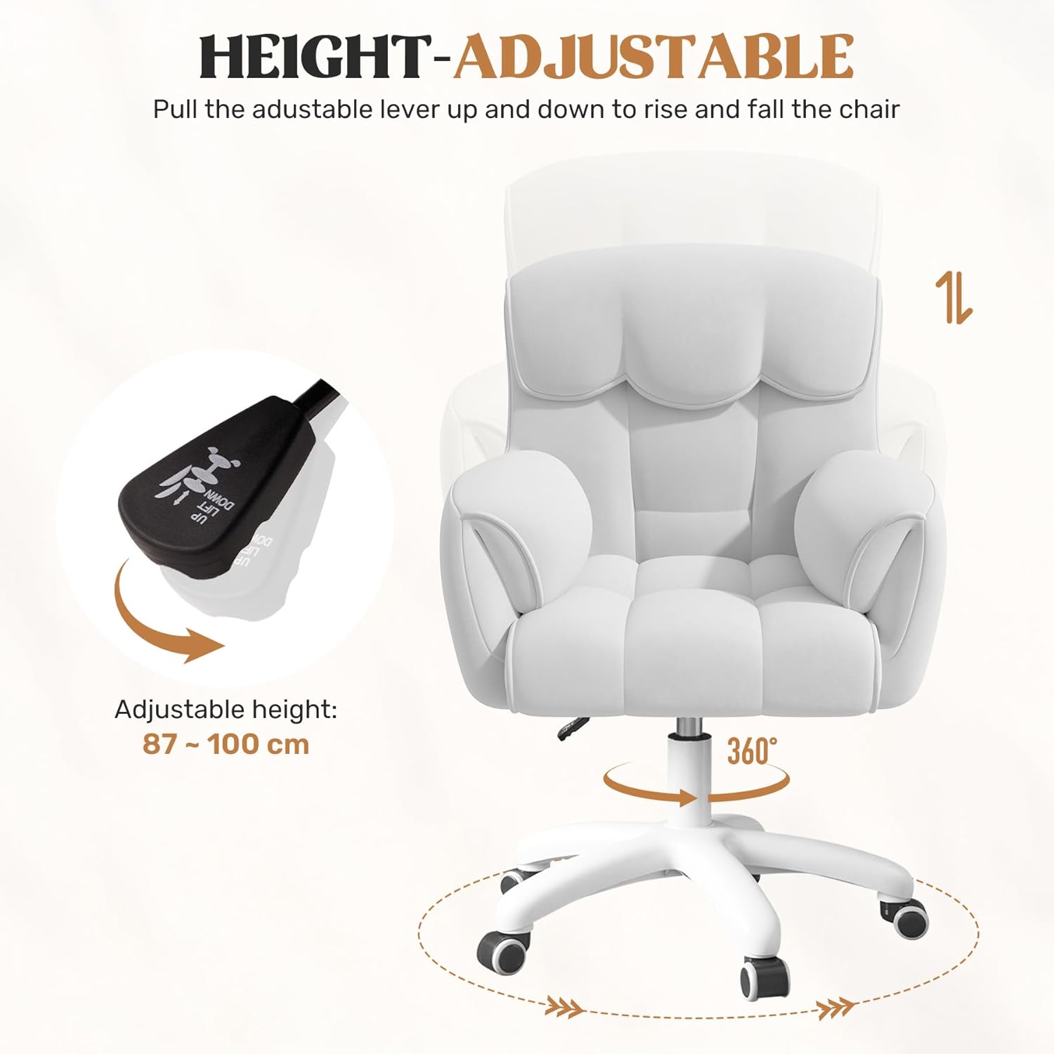Ergonomischer Bürostuhl, höhenverstellbarer Schreibtischstuhl mit Armlehnen, 360° drehbar, Samtbezug, für Home Office und Büro, belastbar bis 150 kg, weiß – Bild 6