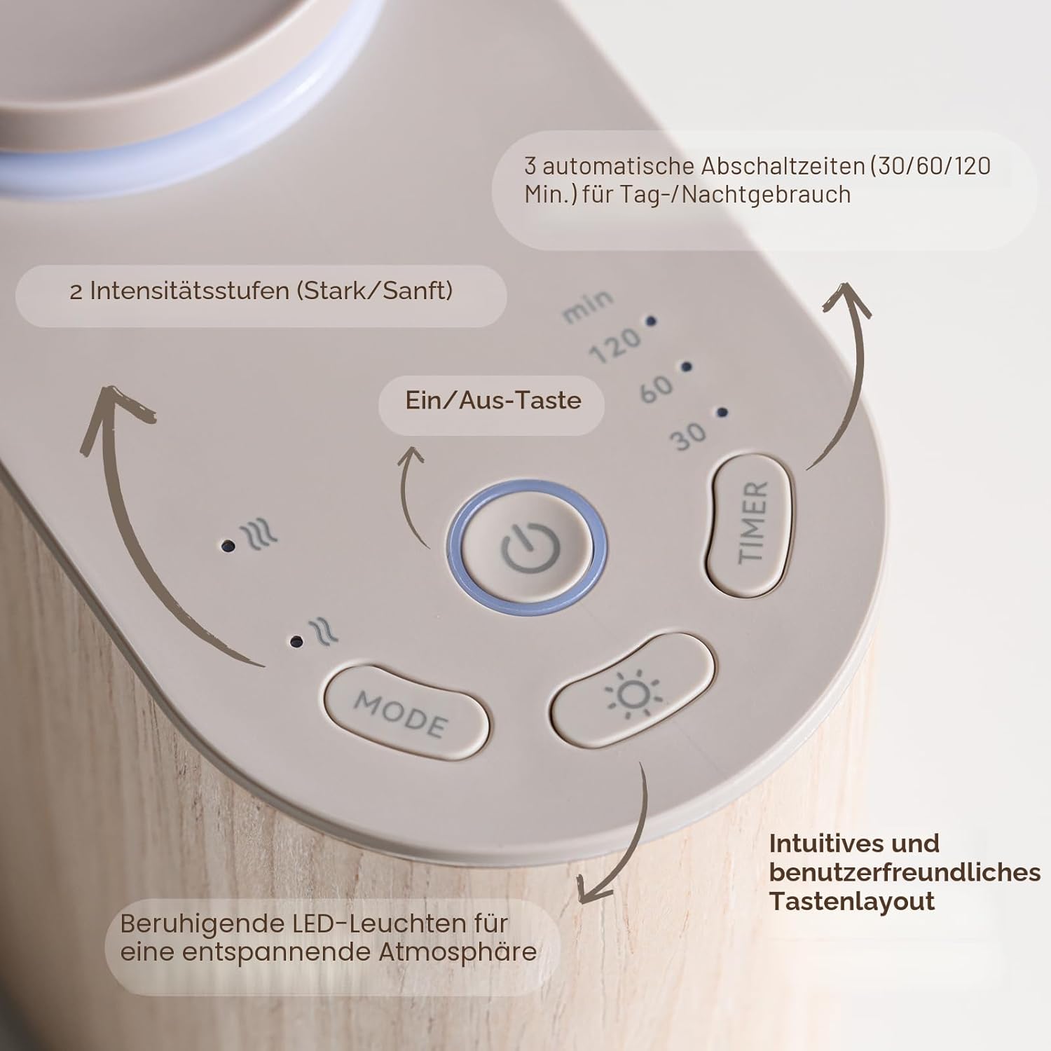 Wasserloser Diffusor für ätherische Öle mit Massivholzabdeckung, 3 Timer, 2 Nebelmodi, automatische Abschaltung, leise, duale Flüssigkeit, tragbarer wasserloser Duftdiffusor mit Lichtern – Bild 6