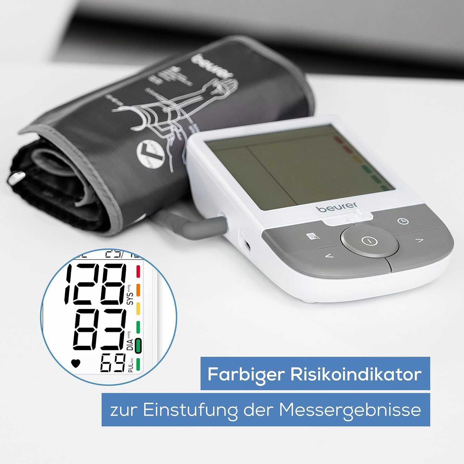 Beurer BM 53 Oberarm-Blutdruckmessgerät, hergestellt in Europa, klinisch validiert, AFib-Erkennung zur Schlaganfallprävention, Risikoindikator, Armumfang, Datenübertragung an Apple Health und Co., grau/weiß – Bild 7