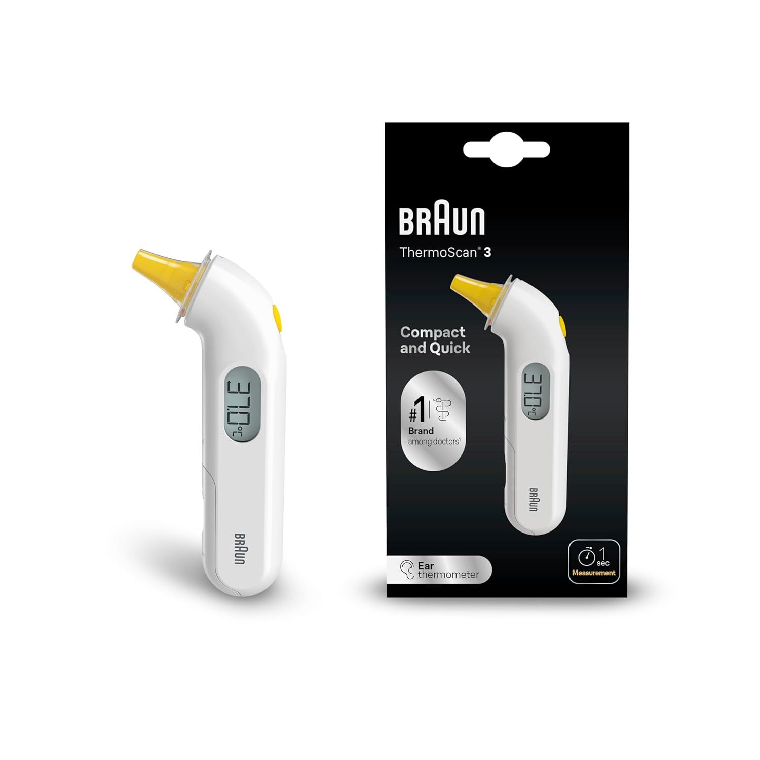 Braun ThermoScan 3 Ohrthermometer, schnell, 1-Sekunden-Messung, akustische Fiebermeldung, digitale Anzeige, für Babys und Kleinkinder geeignet, die Marke Nr. 1 bei Ärzten, IRT3030