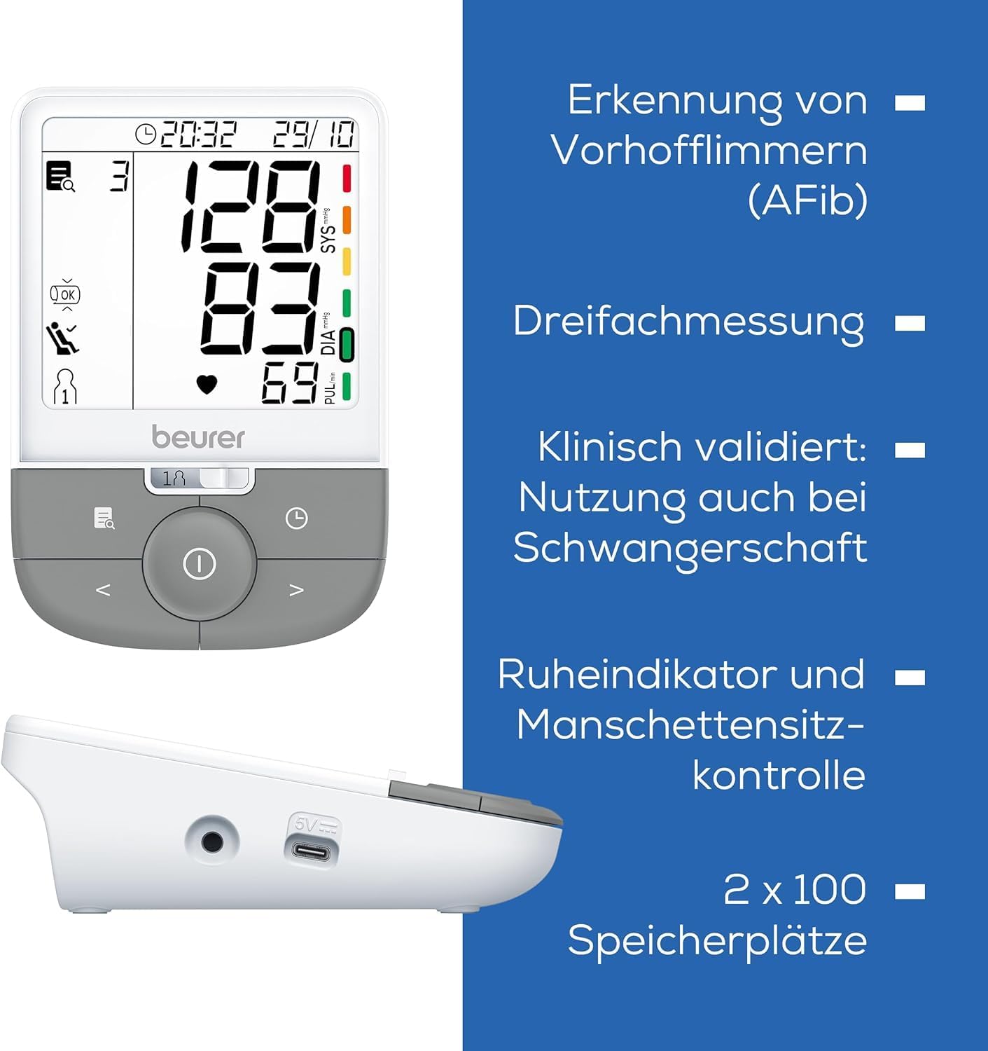 Beurer BM 53 Oberarm-Blutdruckmessgerät, hergestellt in Europa, klinisch validiert, AFib-Erkennung zur Schlaganfallprävention, Risikoindikator, Armumfang, Datenübertragung an Apple Health und Co., grau/weiß – Bild 8
