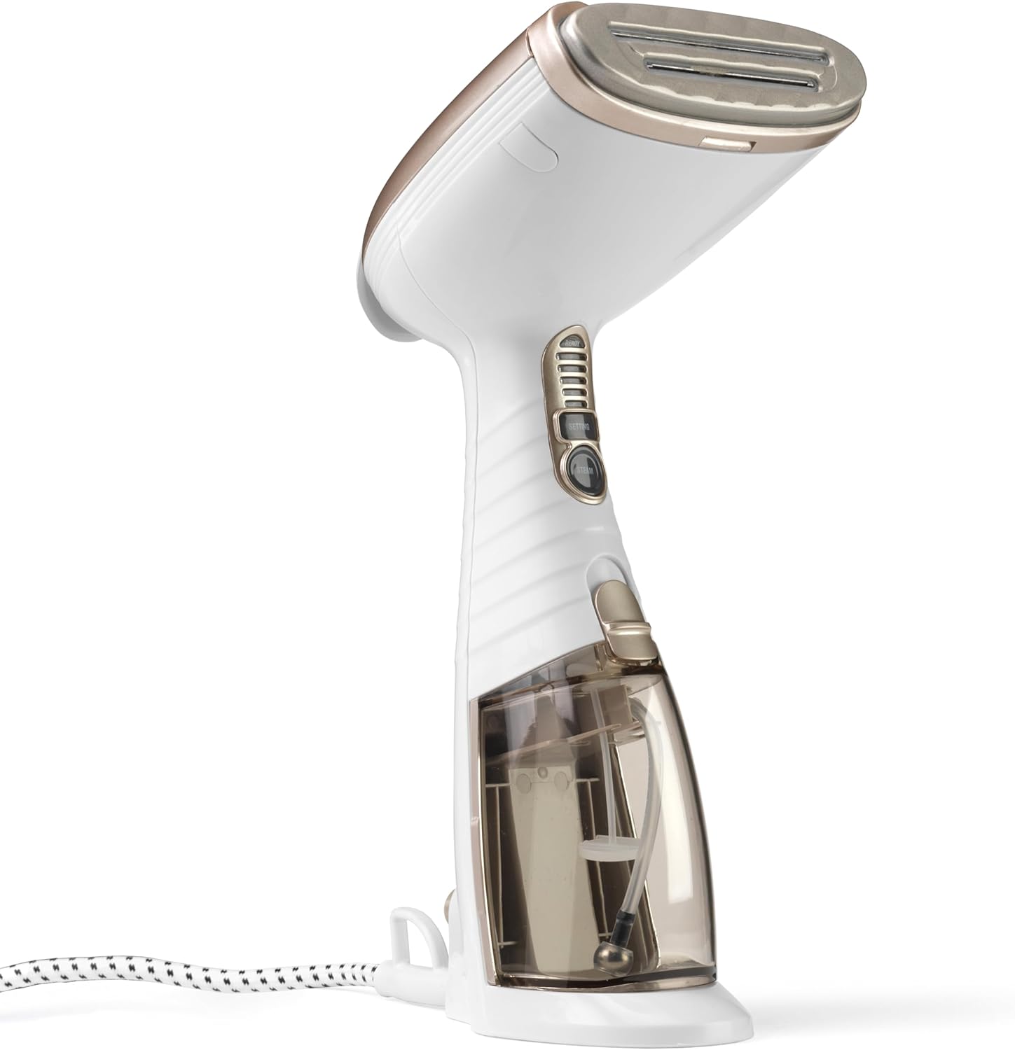 Conair Turbo ExtremeSteam Dampfgarer mit 5 Einstellungen | Dampfleistung 25 g/min | Schnelle Aufheizzeit | 3 Aufsätze für feine und schwere Stoffe + Falten | Weiß/Beige