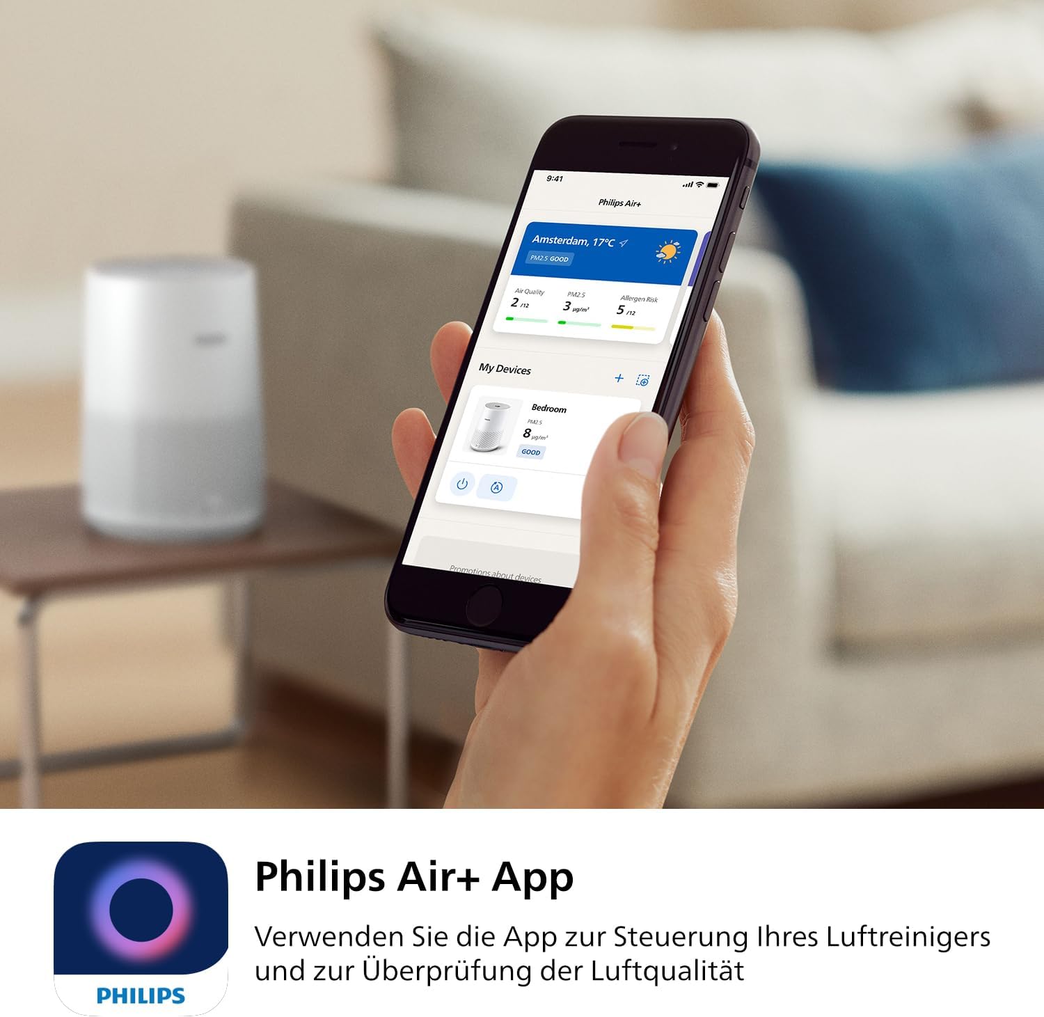 Philips Luftreiniger 600 Serie, energieeffizient mit Smart Sensor, für Allergiker, HEPA-Filter entfernt 99,97 % der Schadstoffe, deckt bis zu 44 m² ab, App-Steuerung, weiß (AC0651/10) – Bild 6