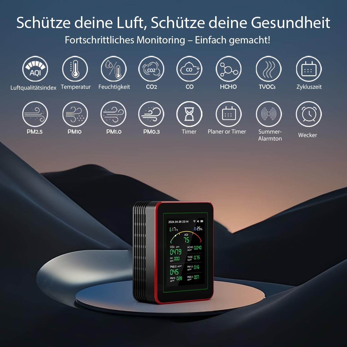 Professionelles 15-in-1-Luftqualitätsmessgerät mit App – CO₂-Messgerät/CO₂-Sensor, PM2,5/PM10-Feinstaubmessgerät, VOC-Messgerät, Luftqualitätsmonitor mit Dual-Chip und Echtzeit-AQI-Warnungen – Bild 2