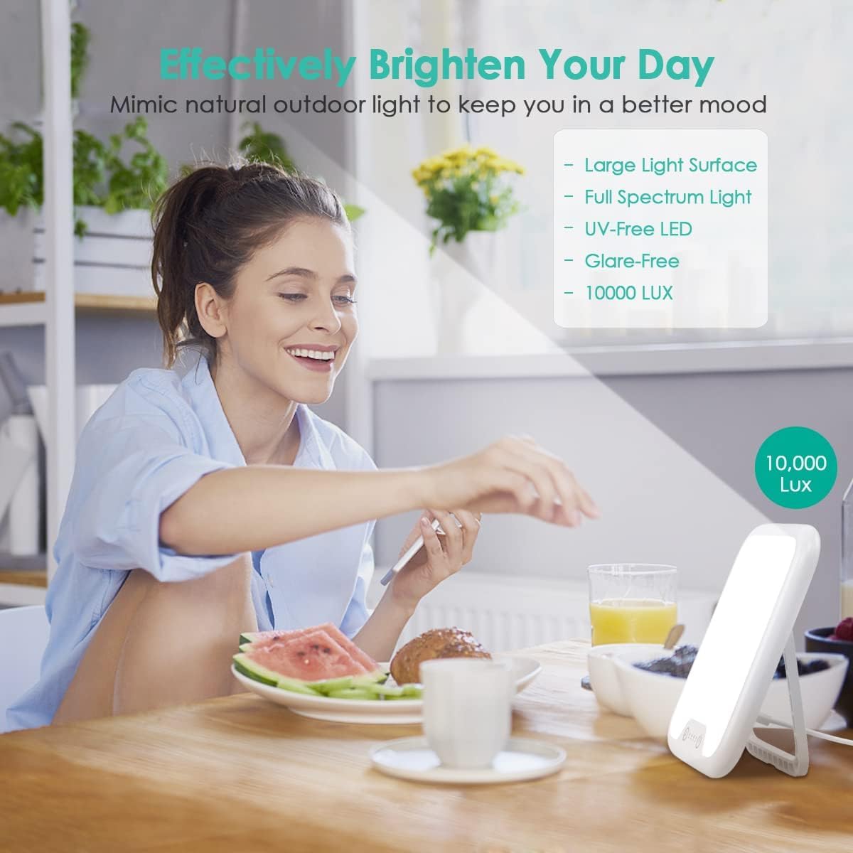 VTHW Tageslichtlampe, 10000 Lux Lampe mit Memory-Funktion, 4 Timer, UV-freie Sonnenlichtlampe mit Touch-Steuerung, stufenloses Dimmen, faltbare Halterung, für Zuhause/Büro (Energieklasse E) – Bild 2