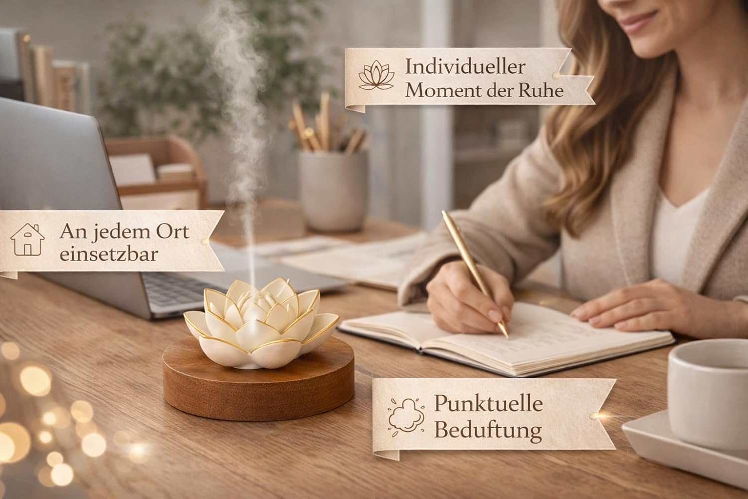 Lotus-Aroma-Diffusor – handgefertigter Gips-Duftstein/Aromastein mit Holzsockel | Natürliche Aromatherapie ohne Strom | Enthält 10 ml Amber Allure Duftöl – Bild 5