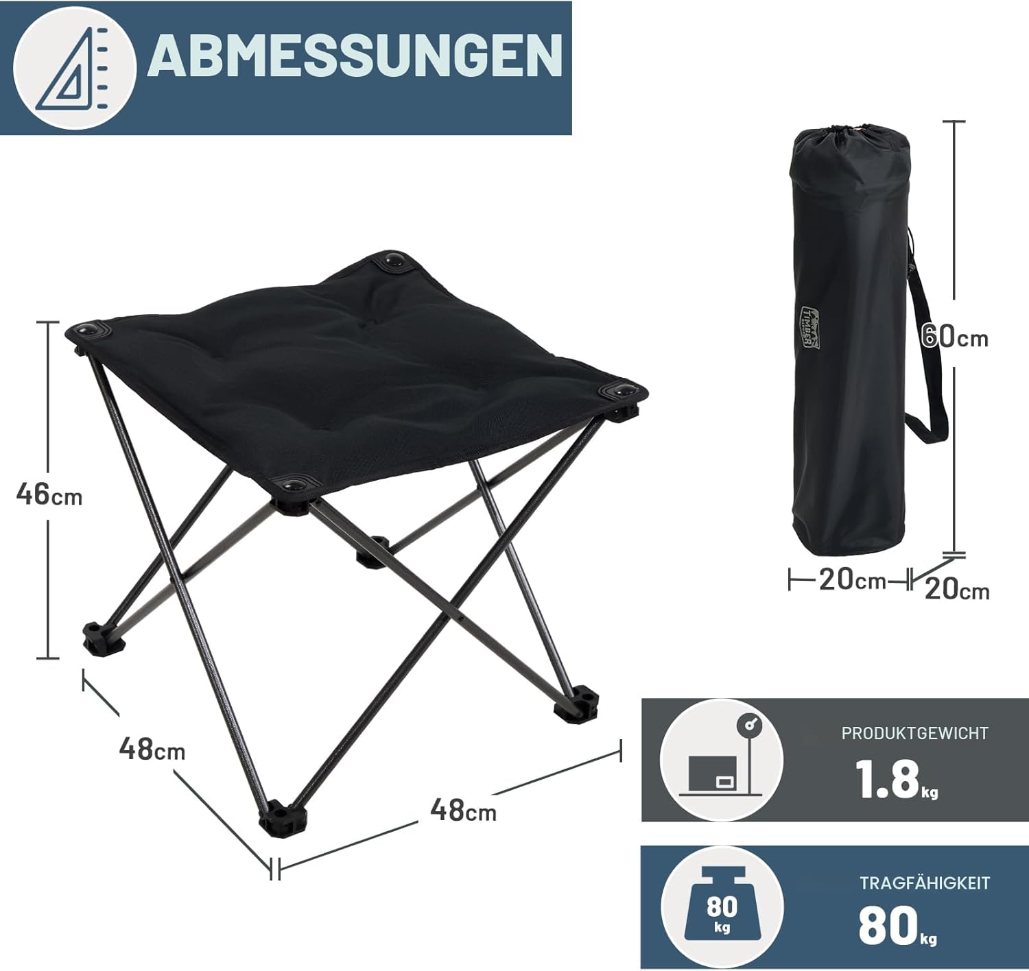 TIMBER RIDGE Klapphocker, Camping-Fußhocker, Höhe von 46 cm, Campinghocker, gepolstert, leicht, tragbar, als Fußstütze für Camping, Garten, Strand, 48 x 48 x 46 cm, maximale Belastung 80 kg – Bild 3
