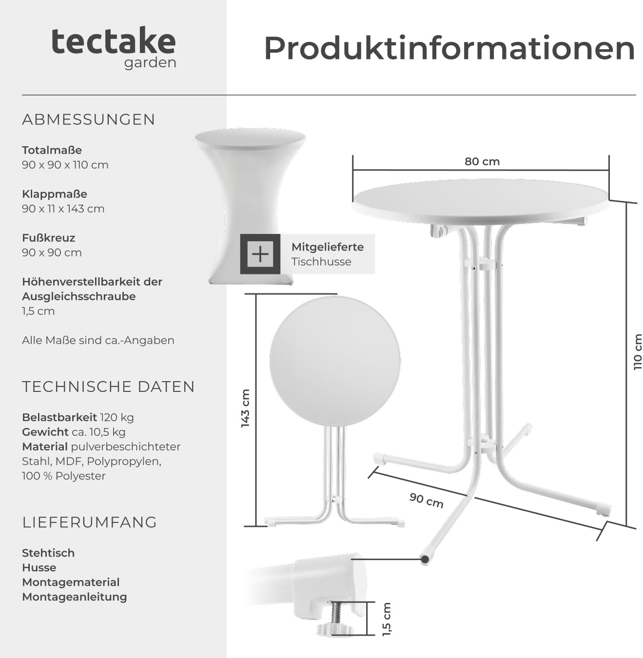 tectake Gastro-Bartisch, klappbarer Bistrotisch mit Abdeckung, Tischdurchmesser 80 cm, Bartisch mit MDF-Tischplatte, klappbarer Gartentisch, Klapptisch, rund, Stahlgestell, stabil und robust, weiß, 1 Bartisch – Bild 3