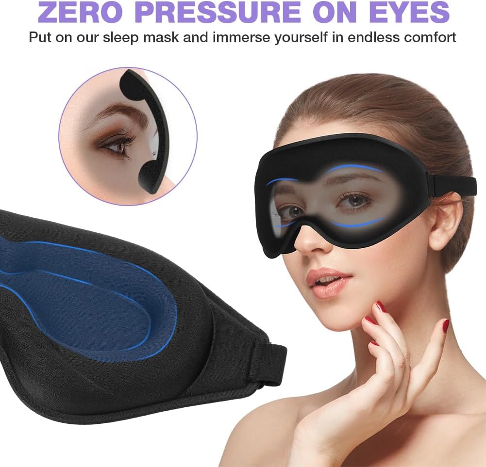 URAQT 3D-Schlafmaske für Seitenschläfer, 3D-Schlafmaske mit Augenhöhlen, Augenmaske zum Schlafen ohne Augendruck für Männer und Frauen mit verstellbarem Gummiband, 1 Paar Ohrstöpsel, Schwarz – Bild 4