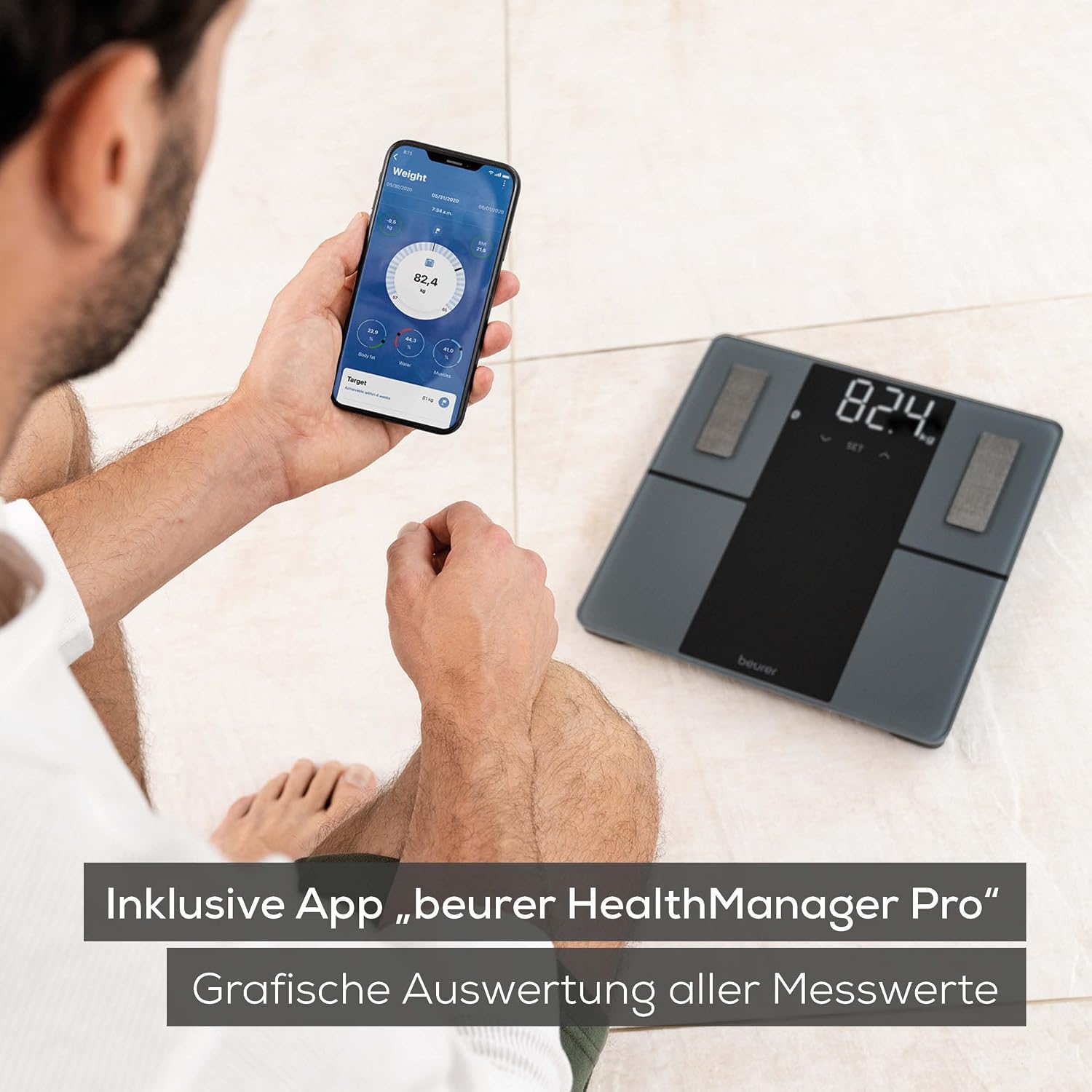Beurer BF 500 Diagnosewaage mit Bluetooth, digitale Körperwaage mit App, Ermittlung und Analyse von Körperwerten, Messung von Körperfett- und Muskelanteil, extragroßes Display – Bild 3