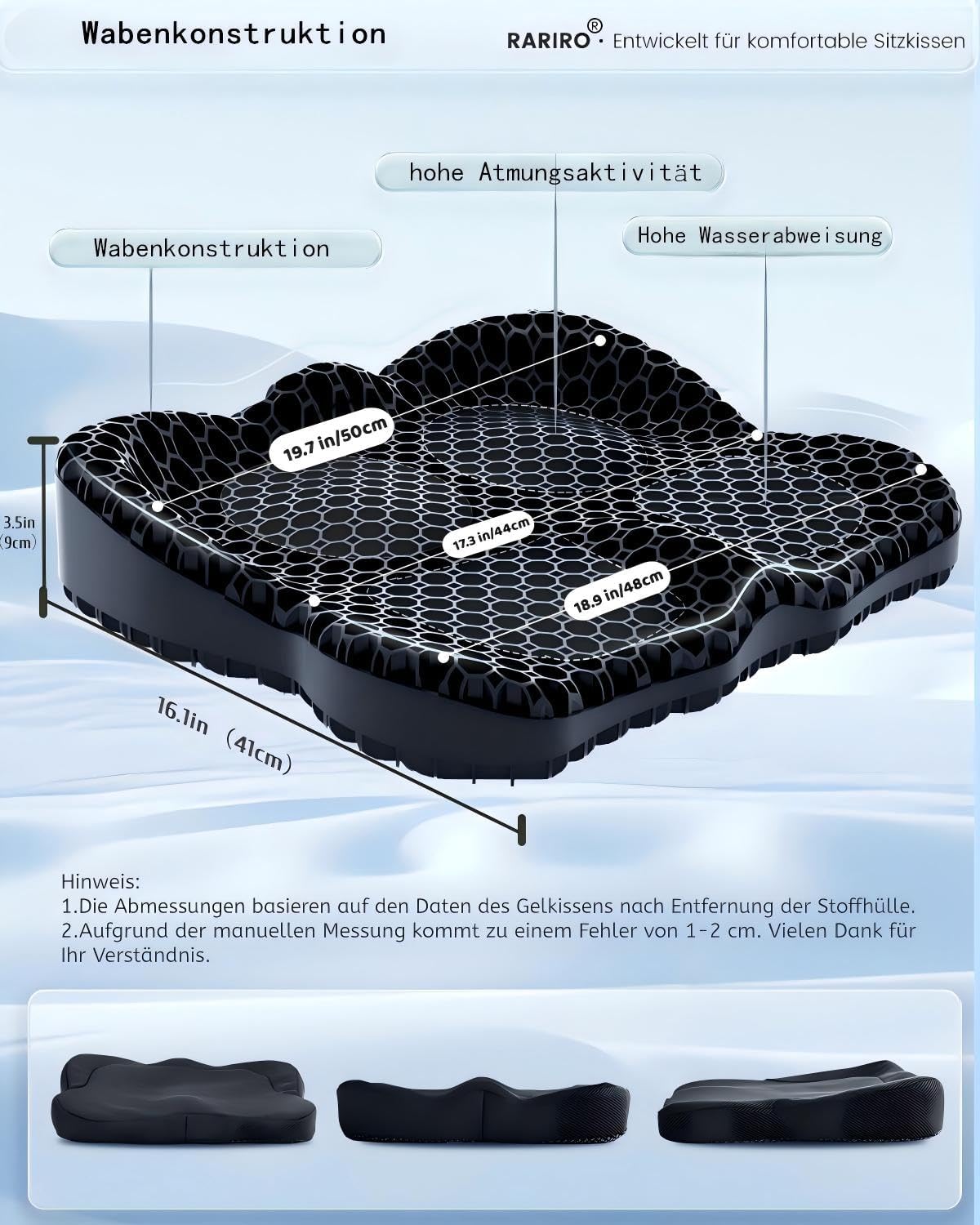 Vergrößertes 50 cm Gel-Sitzkissen, Wabenstruktur, Bürostuhl, Schreibtischstuhl, Rollstuhl, Autostuhl, Gel-Sitzkissen, Sitzerhöhung, Stuhl – Bild 3