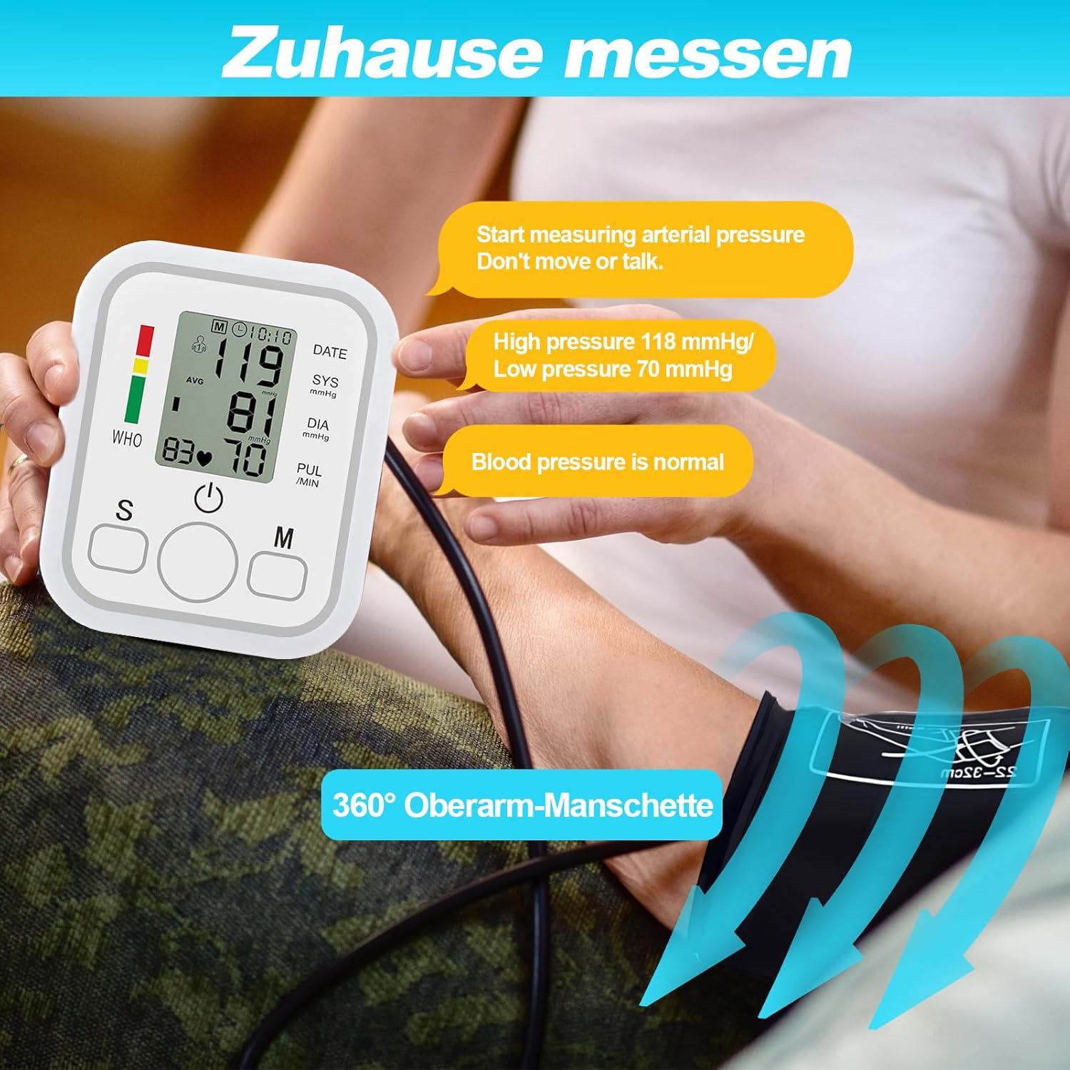 Blutdruckmessgerät Oberarm Digitalmonitor Hoher Blutdruck LED-Anzeige, Arrhythmie-Erkennung & Pulsmessung, große Manschette 22-36 cm, 2 x 99 Speicher – Bild 5