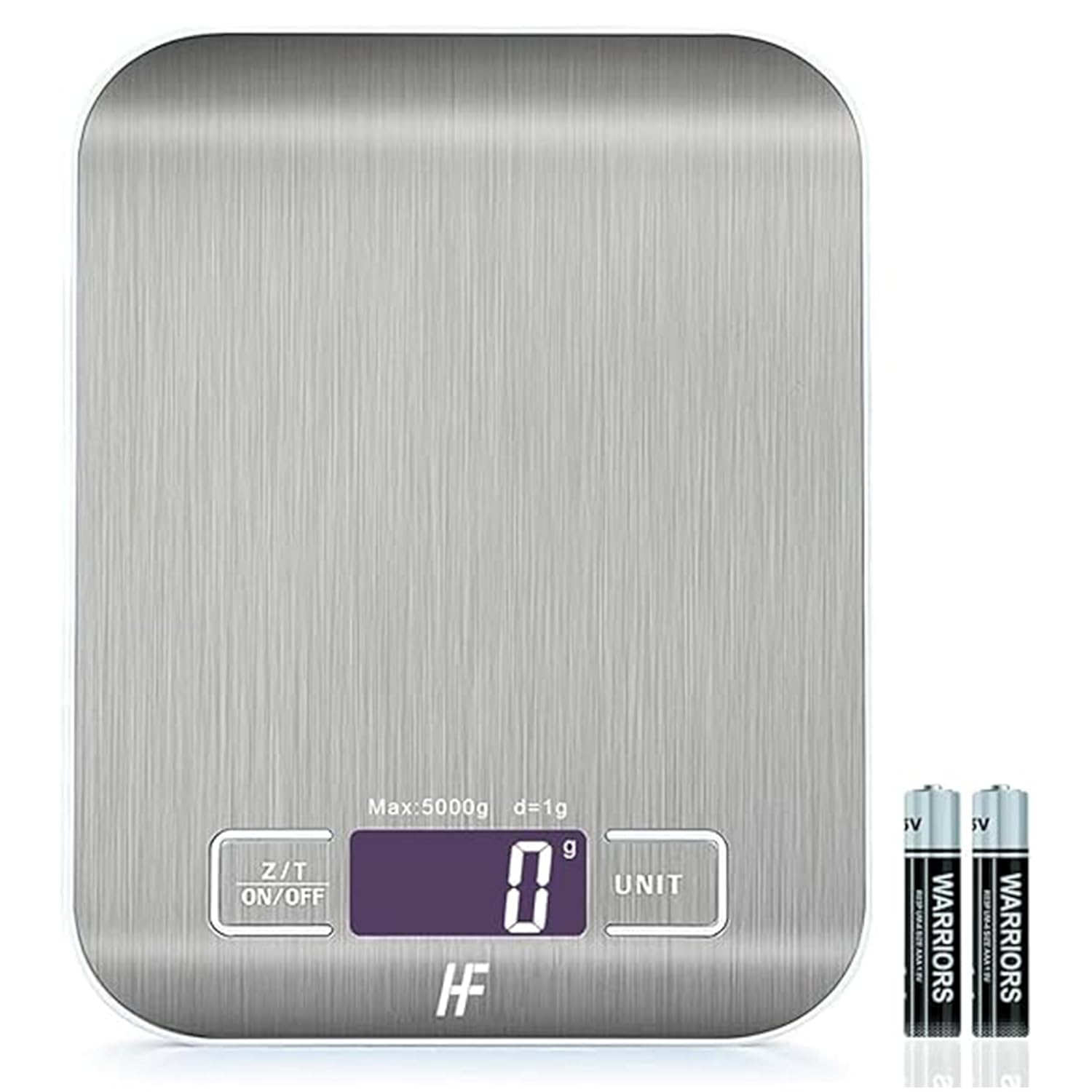 Home Fashion Digitale Küchenwaage, Lebensmittelwaage aus Edelstahl mit 5 kg Tragkraft und 1 g Präzision, Küchenwaage mit beleuchtetem LCD-Display, 5 Einheiten, Tara-Funktion, Silber