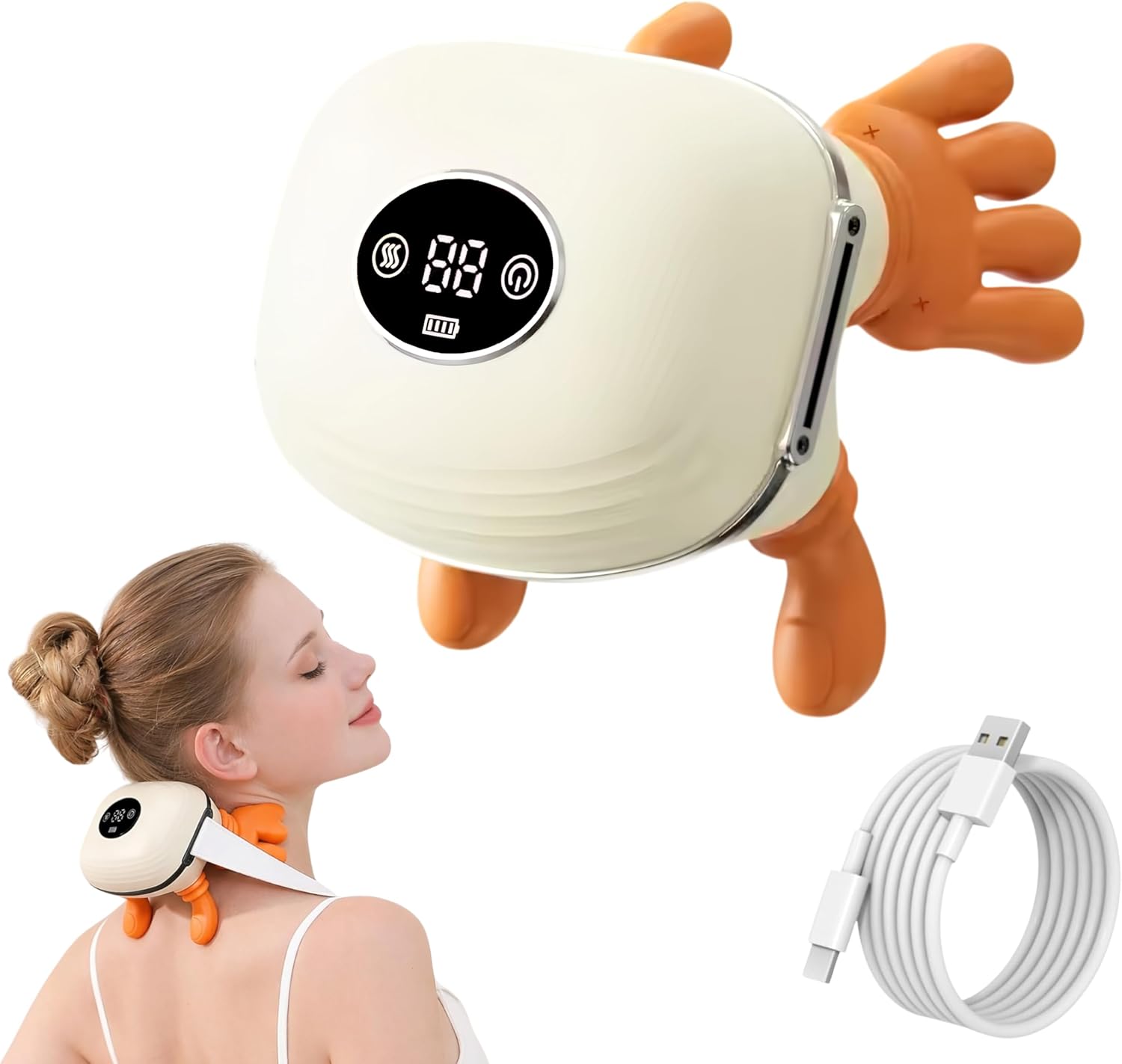 BeFit24 Neues Modell Nackenmassagegerät mit Wärme und Digitalanzeige – Tiefengewebsmassage für Nacken und Schultern, kabellos, wiederaufladbar, bionisches Handdesign, weiß