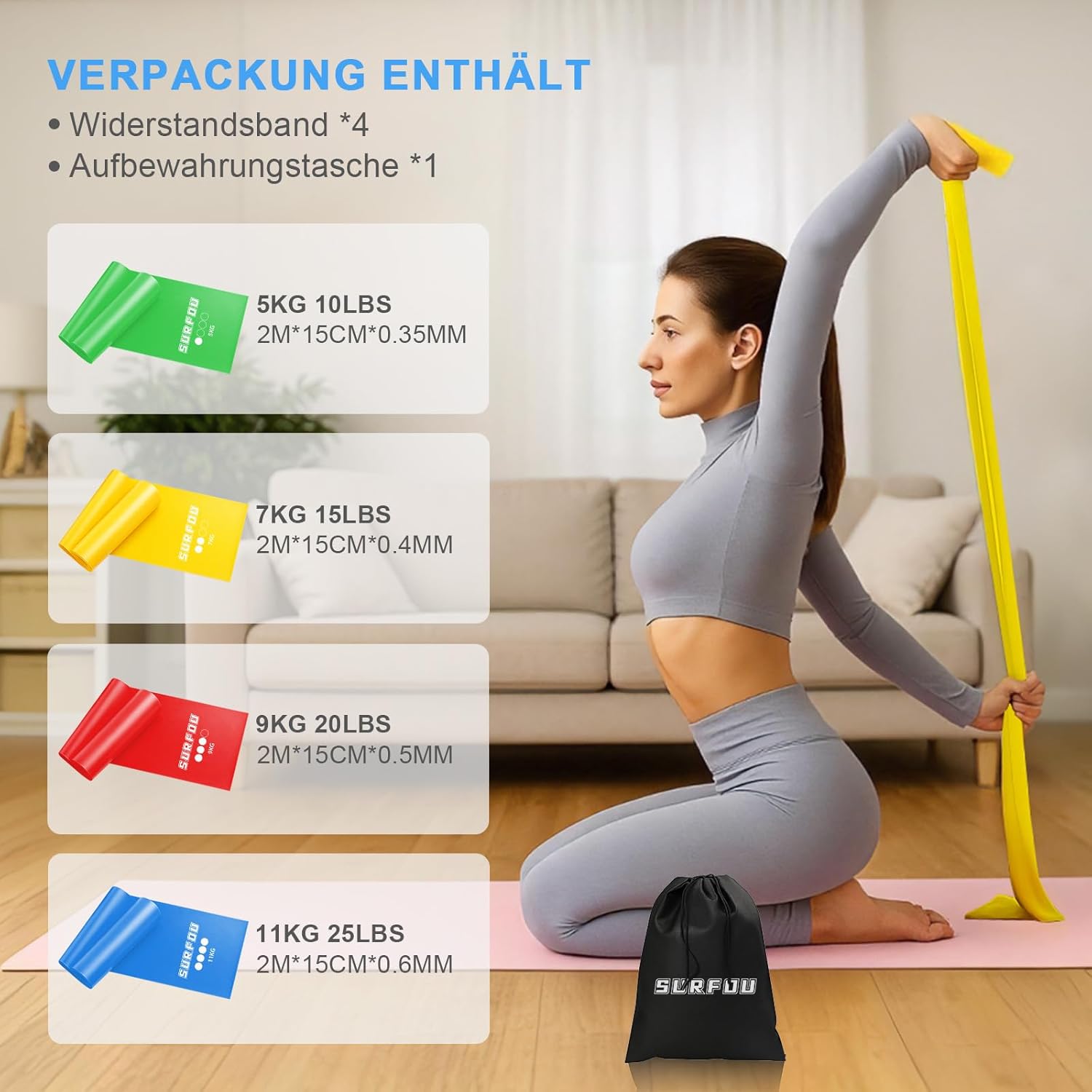 SURFOU Fitnessbänder-Set mit 4 Widerstandsstufen, hautfreundliche Widerstandsbänder mit Tragetasche, Übungsband, ideal für Fitnessstudio, Zuhause, Yoga, Pilates, Krafttraining und Rehabilitationstraining – Bild 2