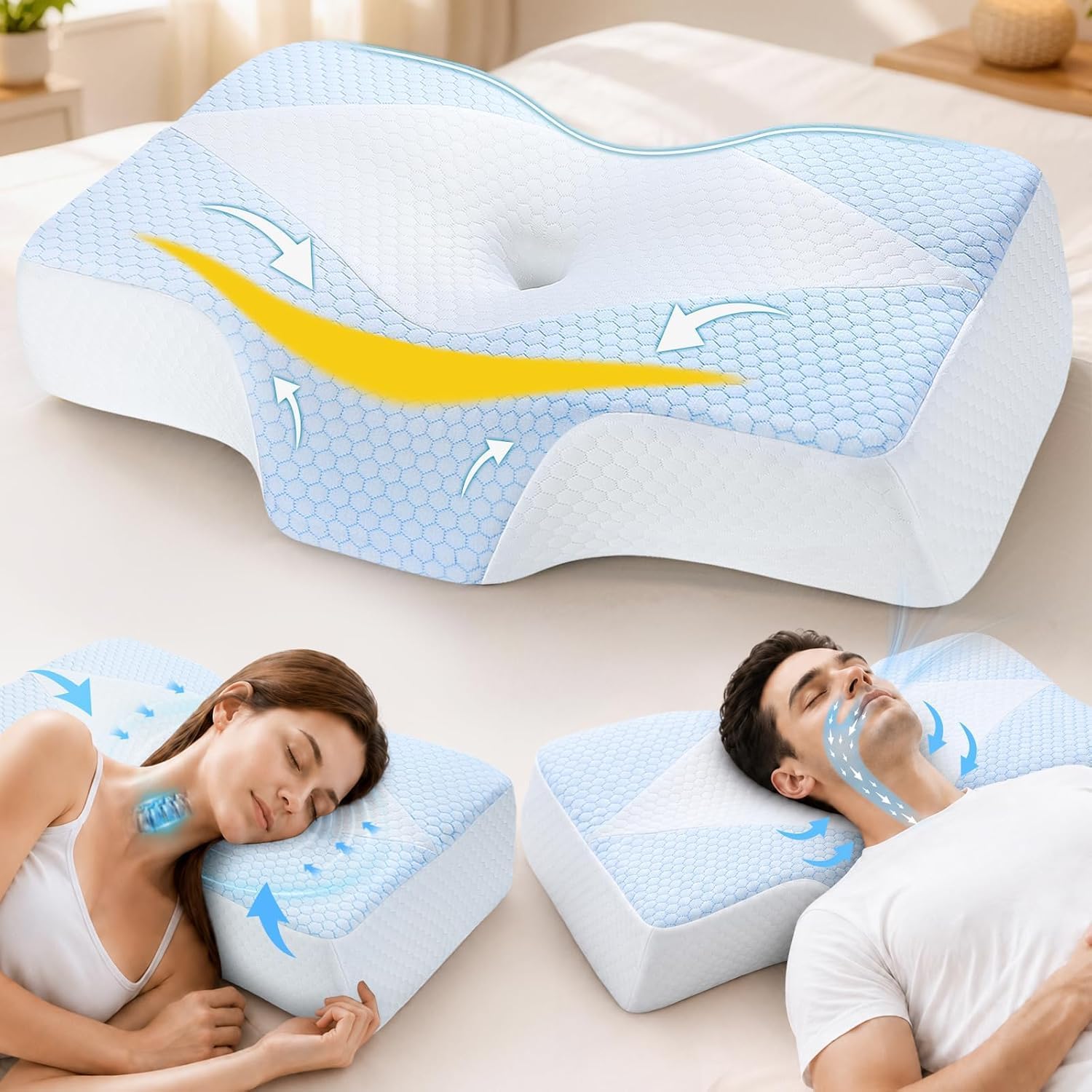 Nackenstützkissen gegen Nackenschmerzen, orthopädisches Kissen, ergonomisches Memory-Schaum-Nackenkissen mit 2 Höhen, Hohlraum und Kühlbezug, für Seiten- und Rückenschläfer – Hellblau