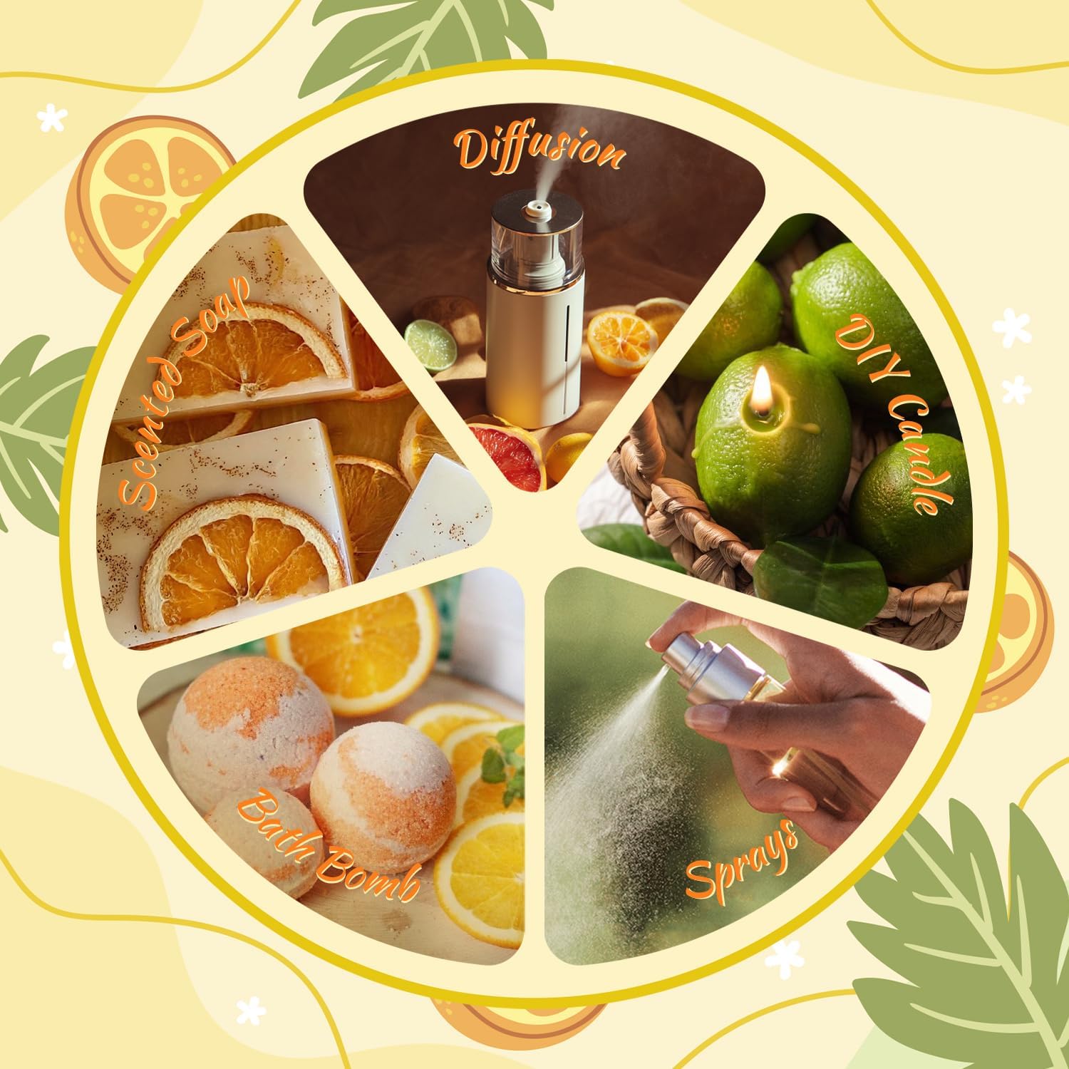 SALUBRITO Set mit ätherischen Zitrusölen, natürliche Zitrusdüfte, Duftöle für den Diffusor – Aromatherapieöl aus Süßorange, Bergamotte, Grapefruit, Zitrone, Mandarine und Limette – Bild 6