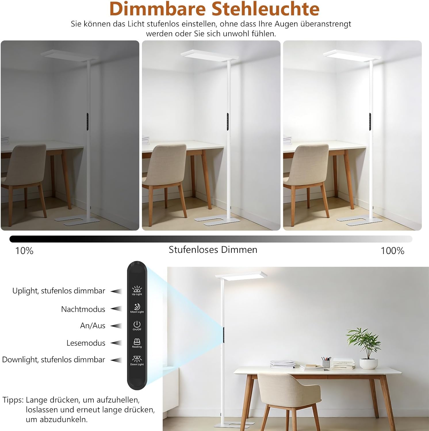 LES FLEURS LED-Büro-Stehleuchte, 196 cm Vollspektrum-Leseleuchte mit Augenschutz, 100 W dimmbare Stehleuchte mit 10100 lm Tageslichtlampe für Wohnzimmer, Schlafzimmer, Arbeitszimmer und Büro – Bild 3