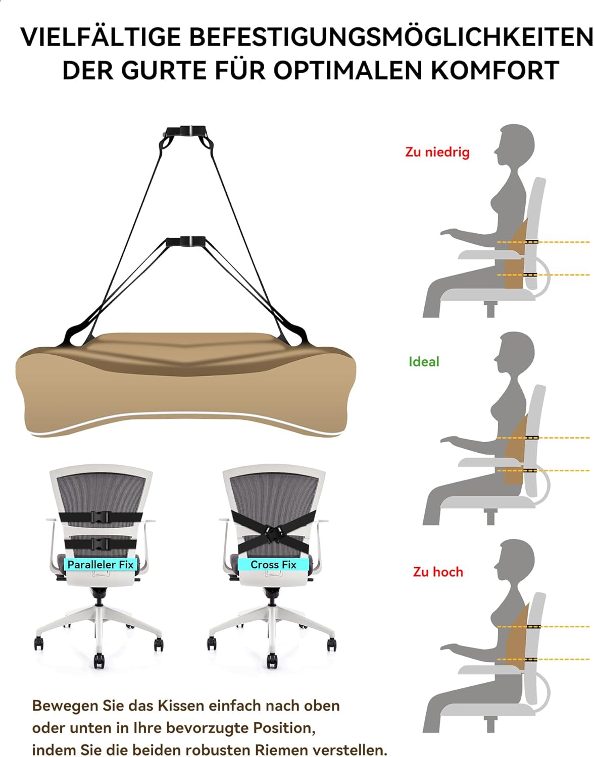 Travel Ease Ergonomisches Memory Foam Rückenkissen, Lendenkissen für Bürostuhl, Schreibtischstuhl, mit antistatischem, hautfreundlichem Bezug und für eine bequeme Sitzhaltung (Khaki) – Bild 6