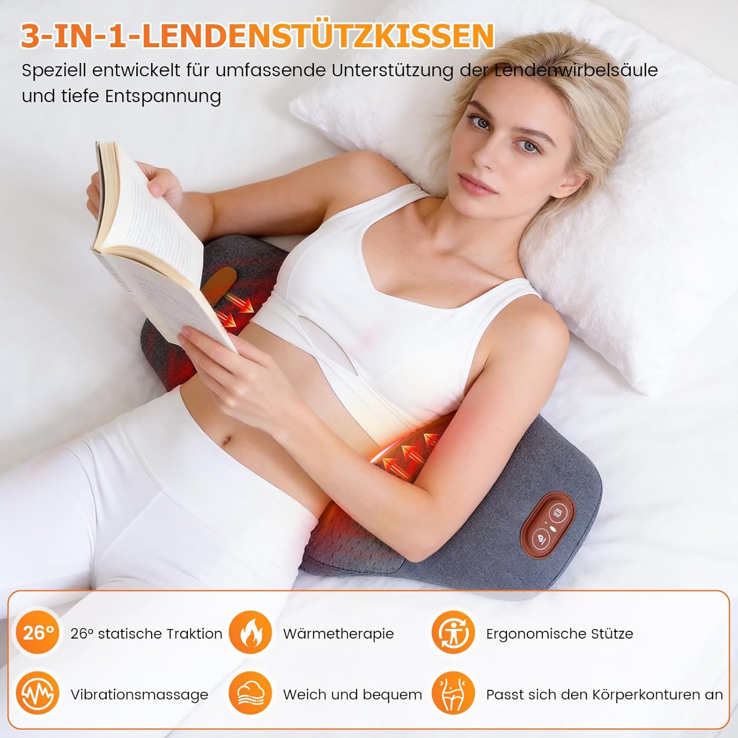 Massagegerät für den Rücken, elektrisches Lendenkissen mit Wärme- und Vibrationsmassage, Rückenmassagegerät, 3 Massagetechniken, 3 Temperatureinstellungen, Traktionsgerät zur Lendenwirbelstütze, Geschenk – Bild 5