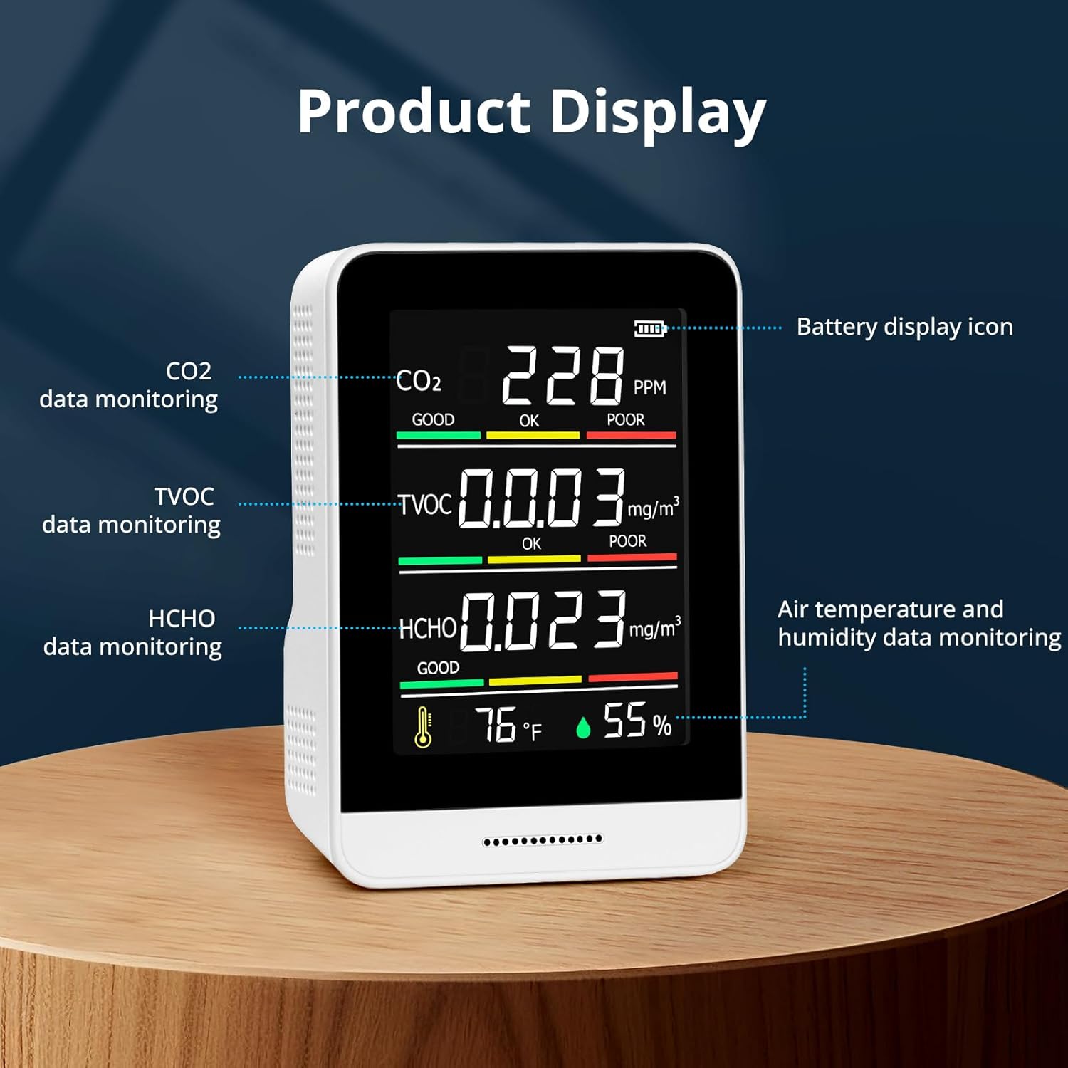 5-in-1-Raumluftqualitätsmonitor, Luftverschmutzungsmonitor mit CO2, HCHO, TVOC, Temperatur und Luftfeuchtigkeit, Echtzeit-Datenaufzeichnung, kompakt, tragbar – Bild 6
