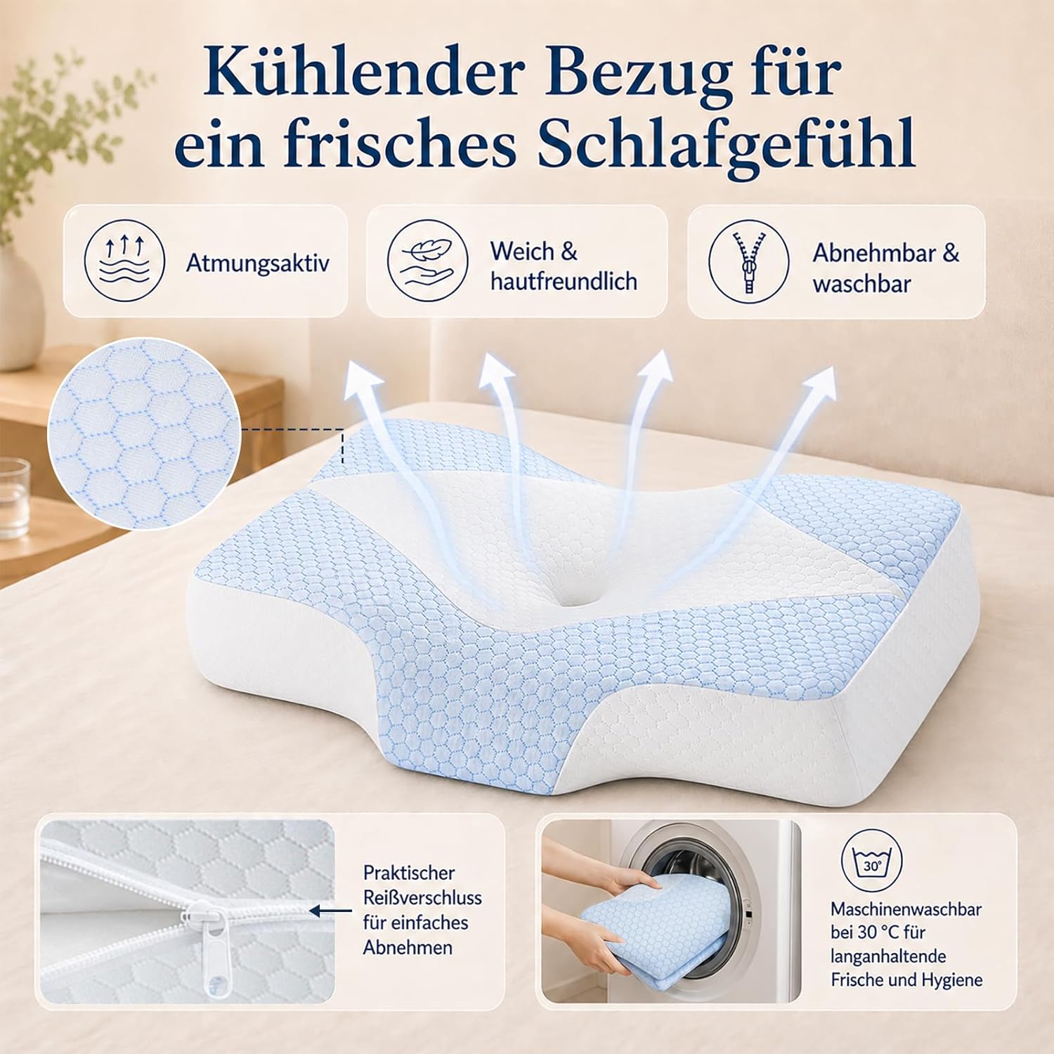 Nackenstützkissen gegen Nackenschmerzen, orthopädisches Kissen, ergonomisches Memory-Schaum-Nackenkissen mit 2 Höhen, Hohlraum und Kühlbezug, für Seiten- und Rückenschläfer – Hellblau – Bild 6