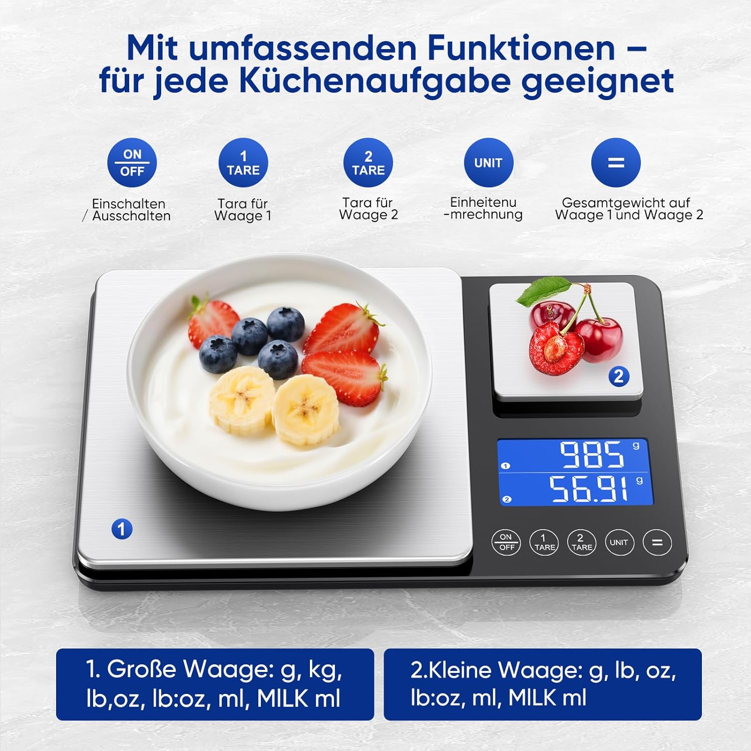 KUAIVO Digitale Küchenwaage 15 kg / 0,01 g, hochpräzise Zweibereichs-Küchenwaage mit Addierfunktion, Tara-Funktion, 7 Maßeinheiten, Küchenwaage zum Kochen und Brotbacken, inklusive Batterien – Bild 4