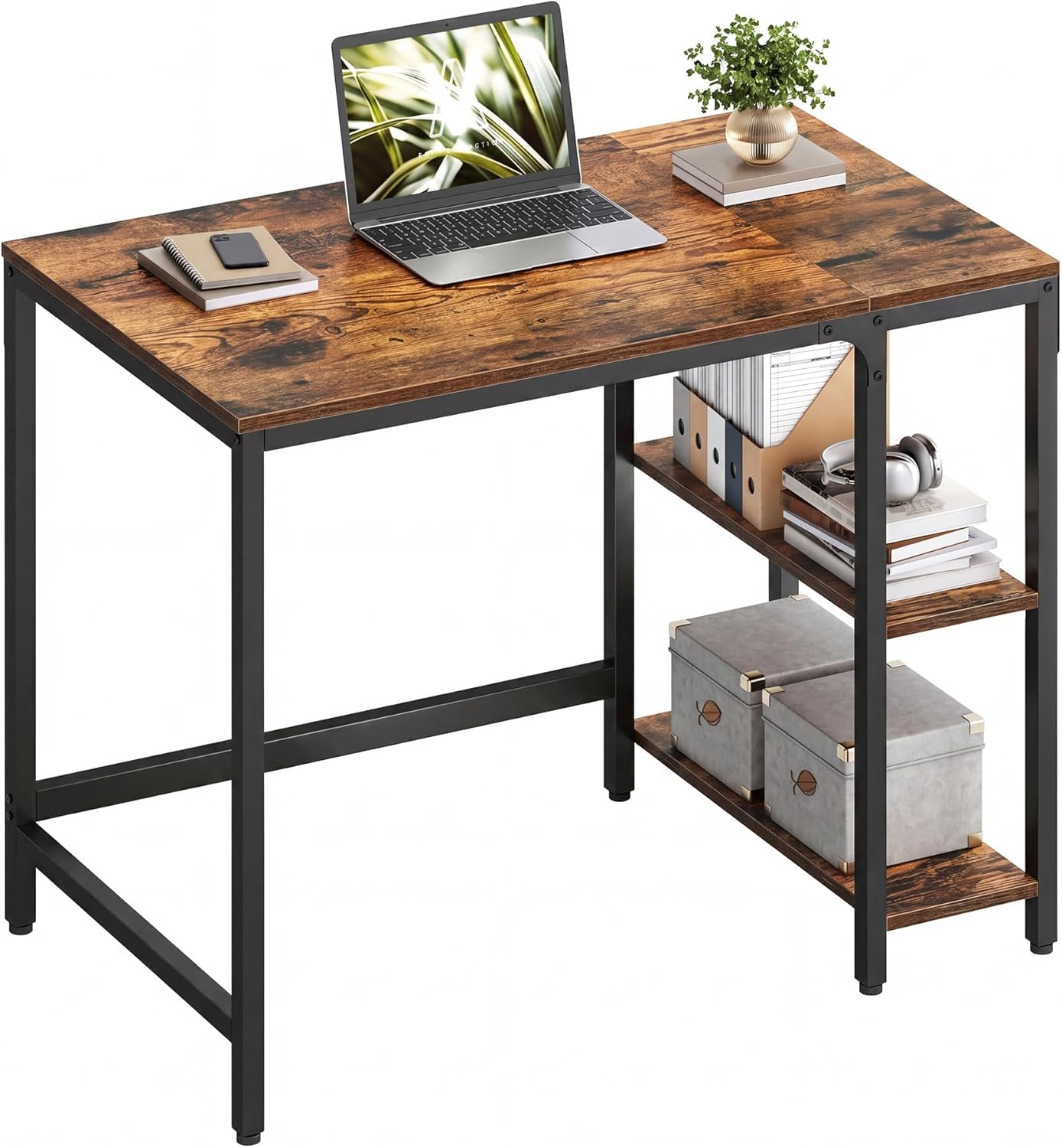 VASAGLE LWD046B01 Schreibtisch, Computertisch, PC-Schreibtisch, Bürotisch mit 2 Ablagen auf der rechten oder linken Seite, für Büro, Wohnzimmer, Stahlgestell, Industriedesign, Vintage-Braun/Schwarz